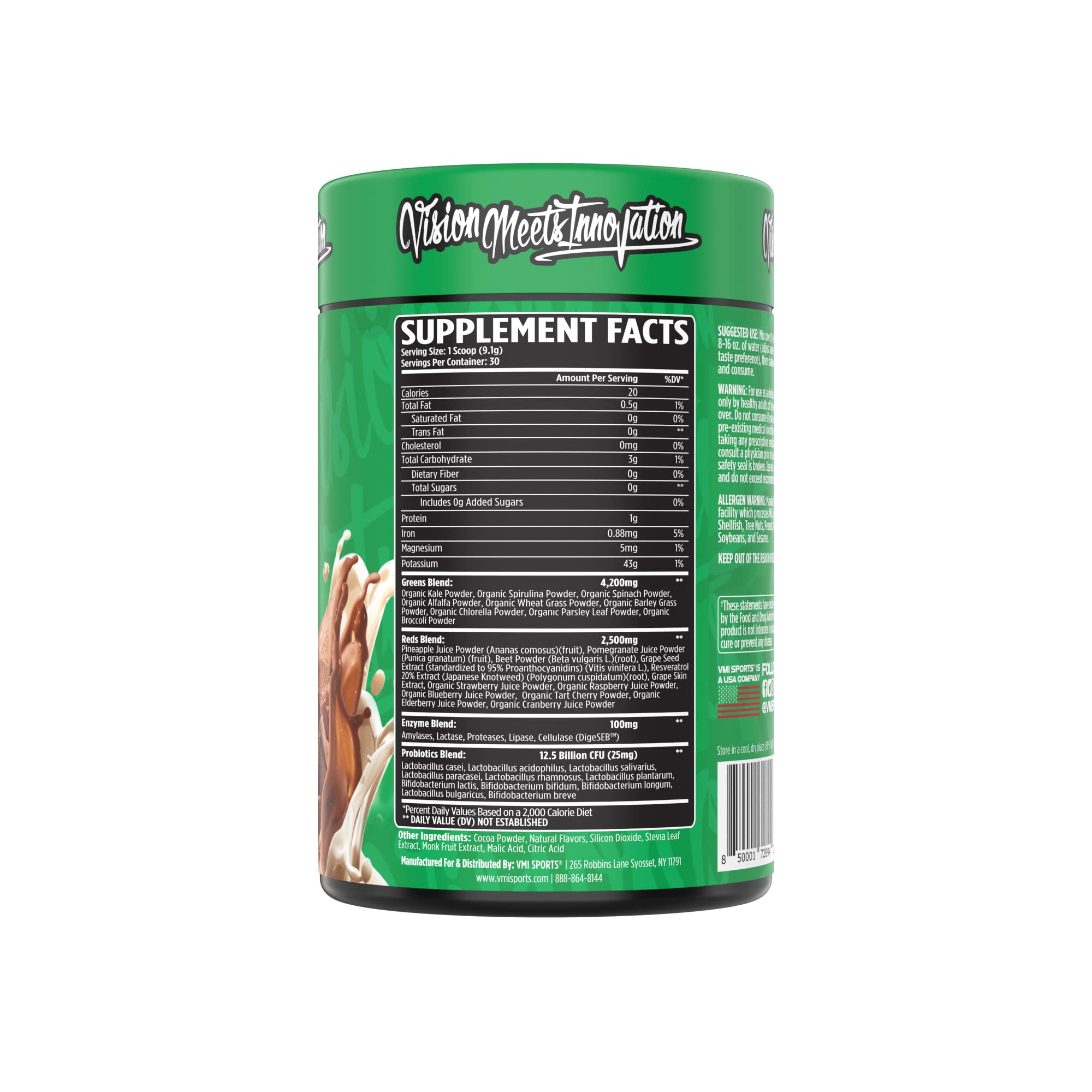 VMI Sports Greens + Reds fraise-kiwi, goût fruité et énergie légère après l'entraînement.