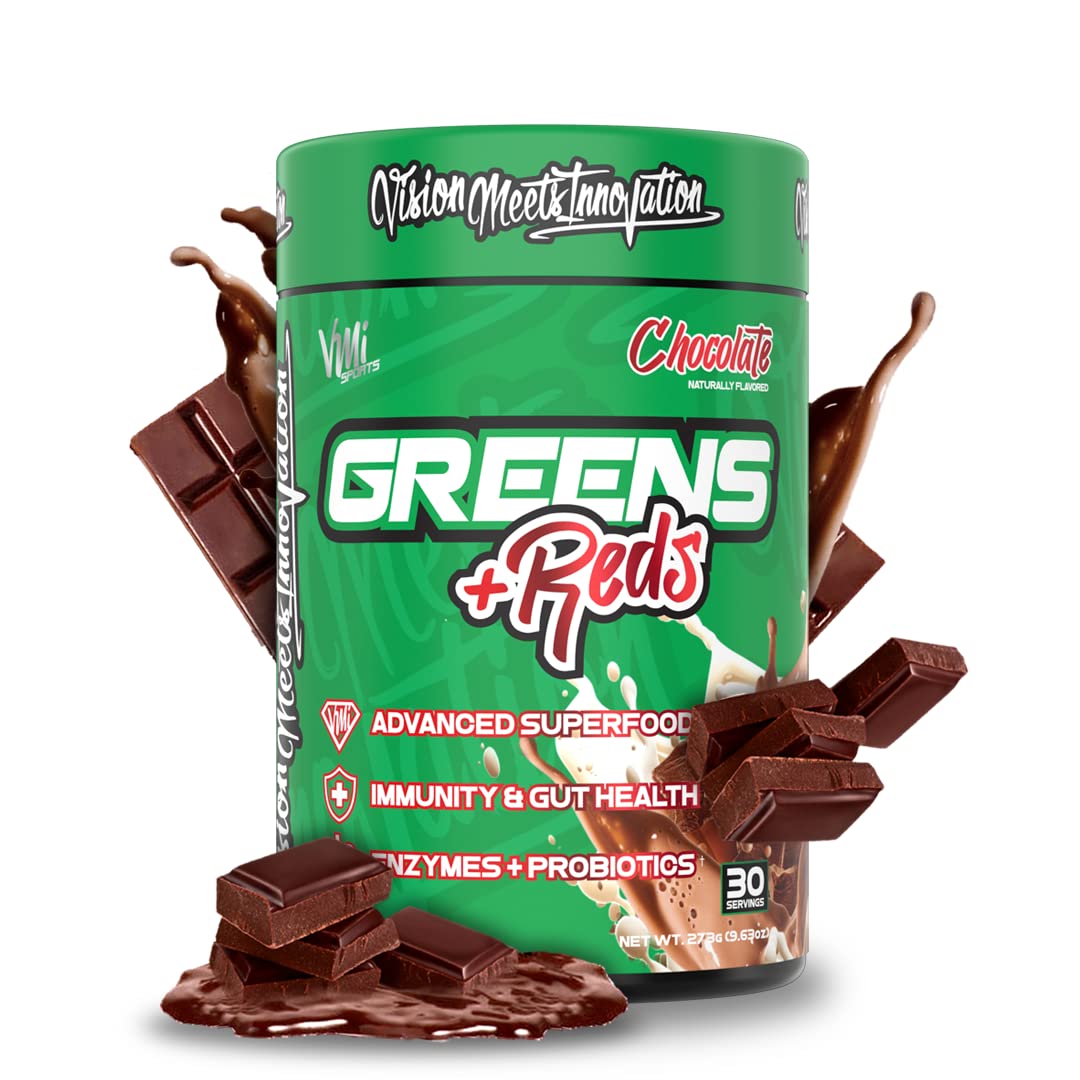 VMI Sports Greens + Reds, poudre mélange, soutien énergie et apport végétal quotidien.