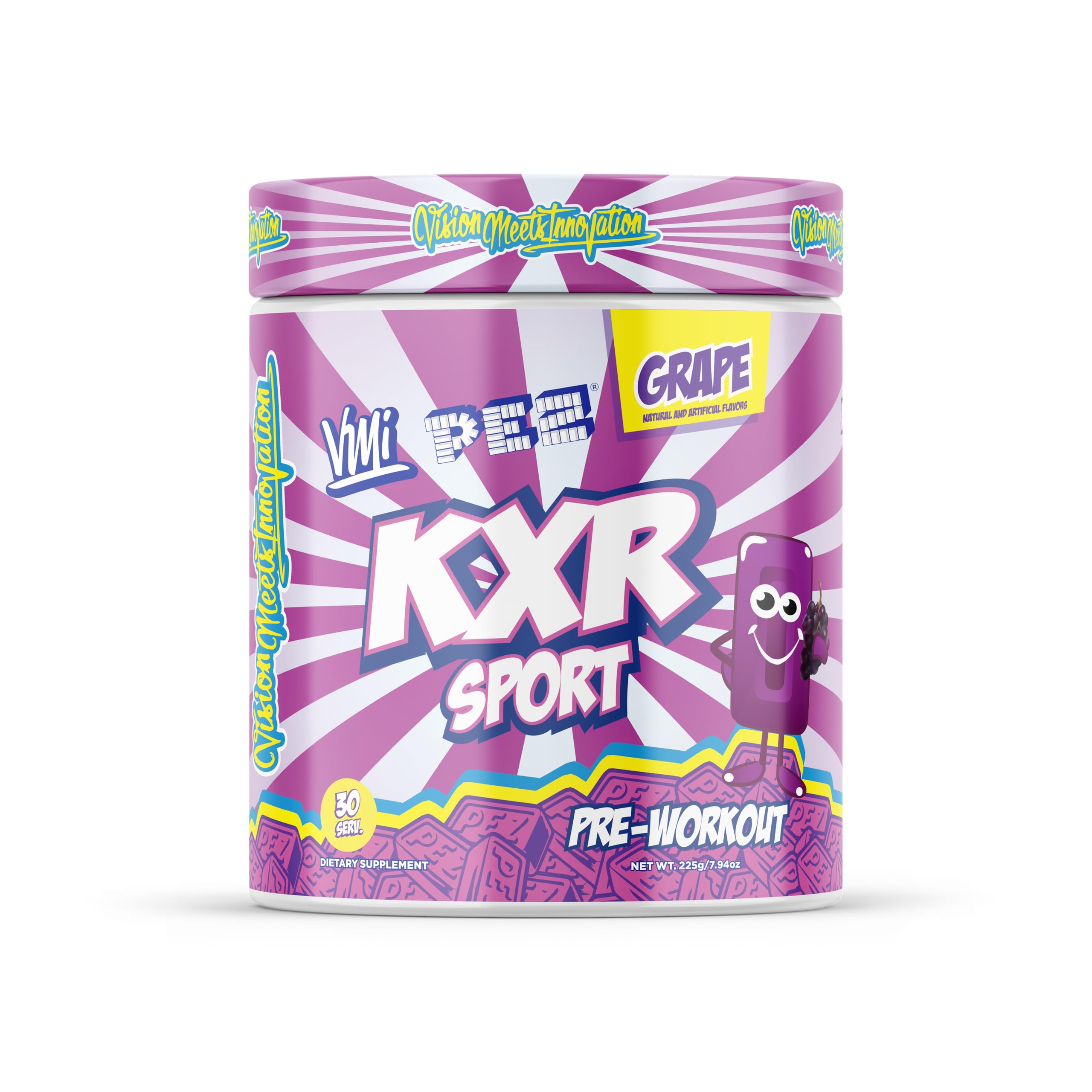 Poudre KXR de VMI Sports en bouteille raisin pour énergie et concentration accrues.