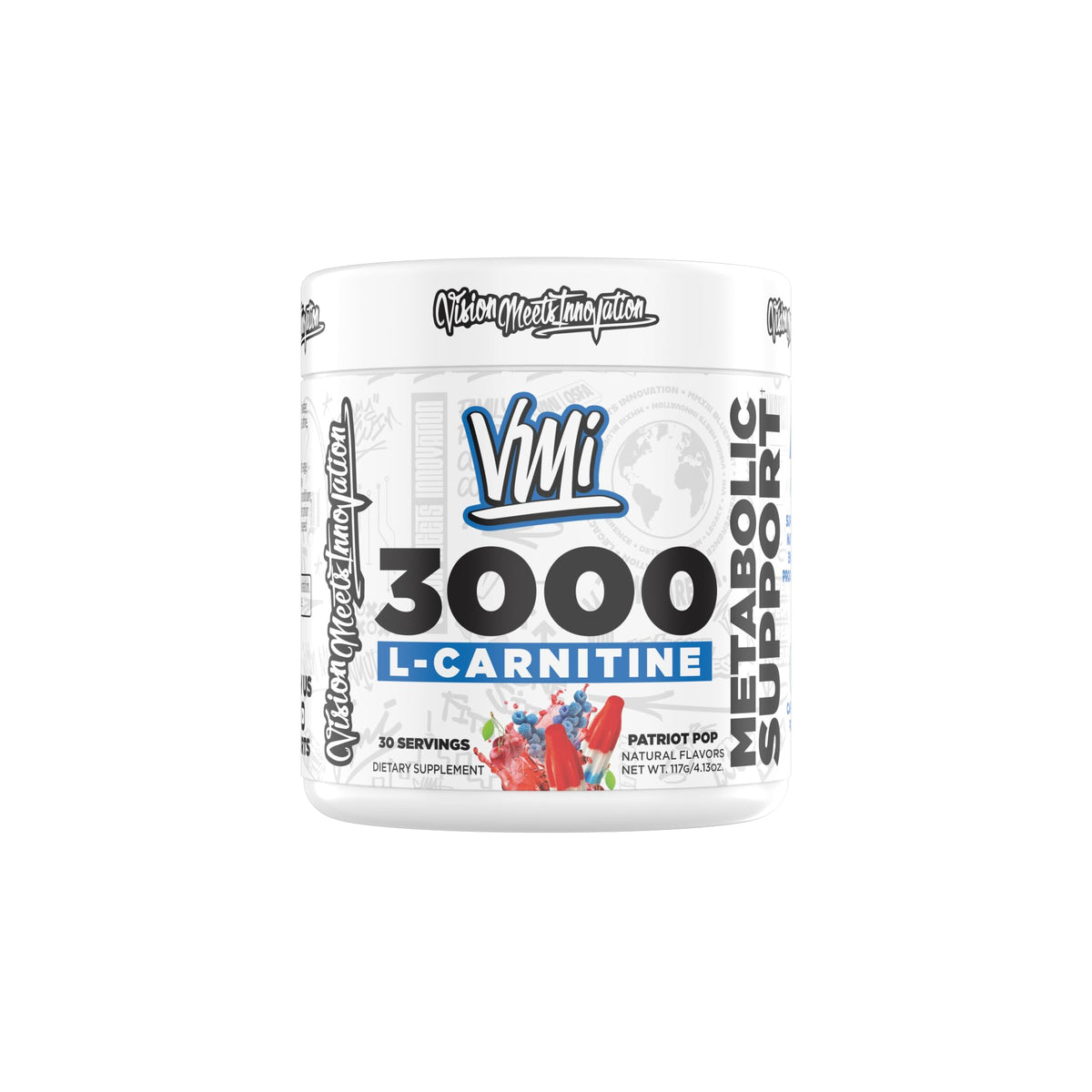 VMI Sports L-Carnitine 3000 en poudre, saveur patriotique, soutien énergétique potentiel.