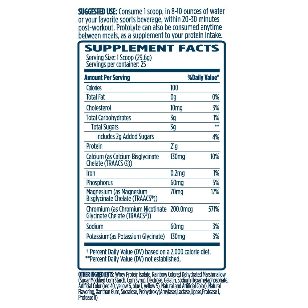 ProtoLyte whey isolatée de VMI Sports – arrière d’emballage avec détails.
