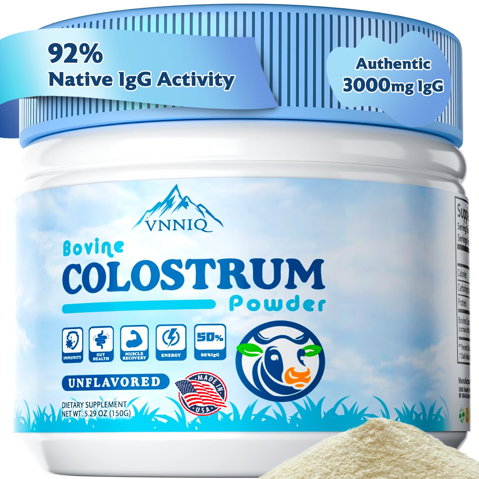 VNNIQ Colostrum Poudre: flacon pratique, dosage 3000mg, convient à toute la famille.