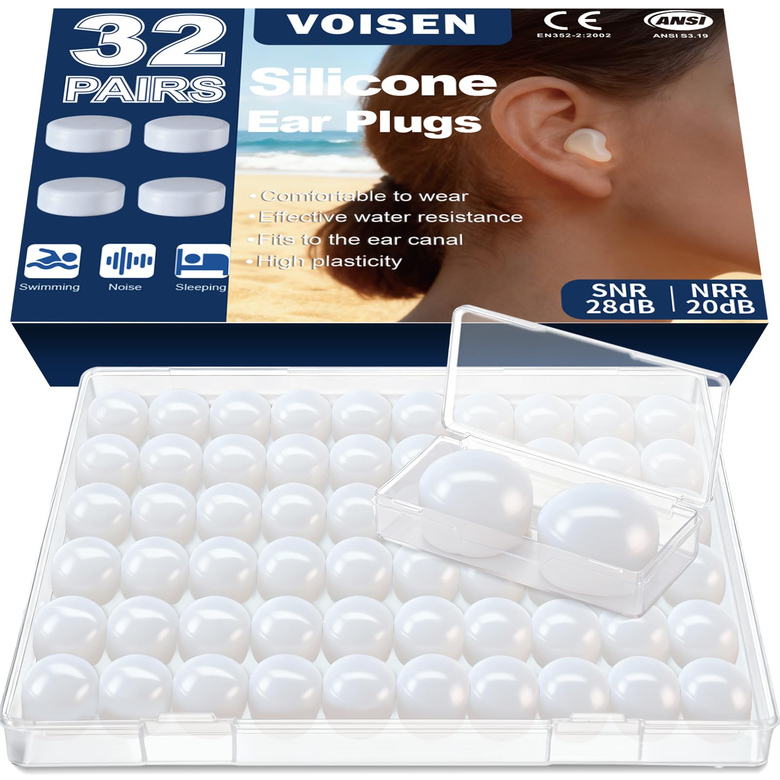 VOISEN bouchons d'oreilles silicone pour dormir, réduction du bruit et confort.