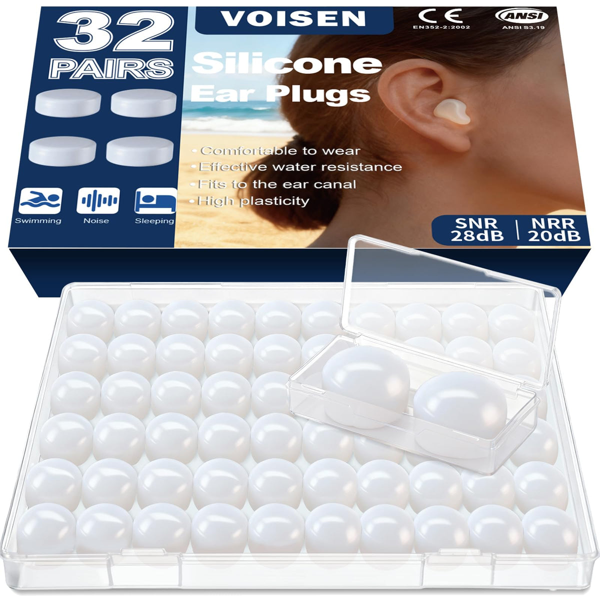 VOISEN bouchons d'oreilles silicone pour dormir, réduction du bruit et confort.