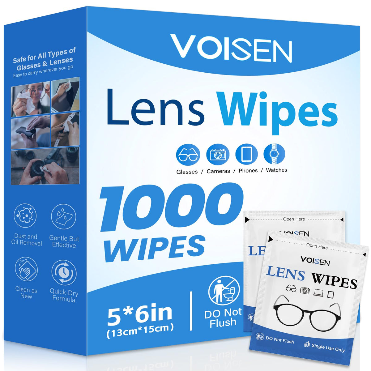 Lingettes VOISEN pour lunettes, emballage 1000, nettoyage rapide et sûr.