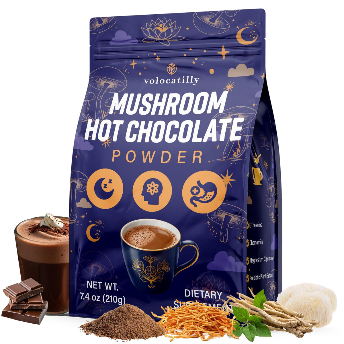 Volocatilly chocolat chaud champignons – emballage pratique pour votre rituel nocturne.