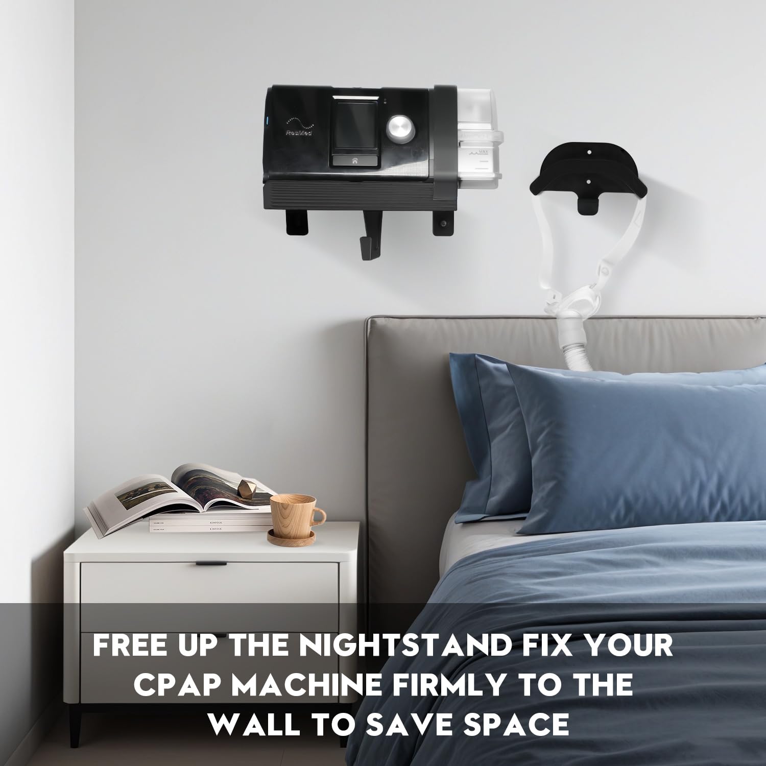 Vornalex support masque CPAP fixé au mur pour un rangement propre.