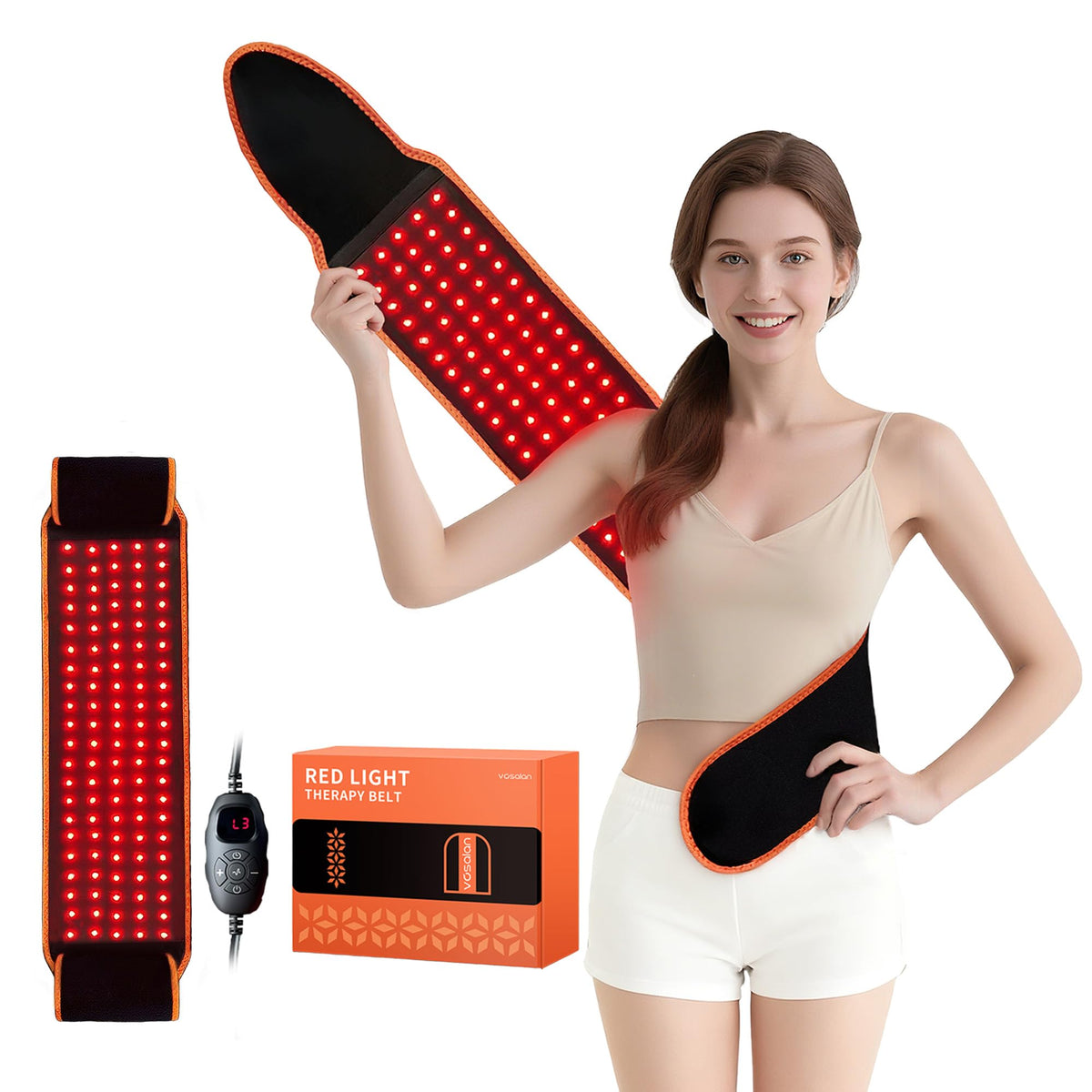VOSALAN Ceinture thérapie lumière rouge portée sur le dos, soulage les tensions et offre du confort.