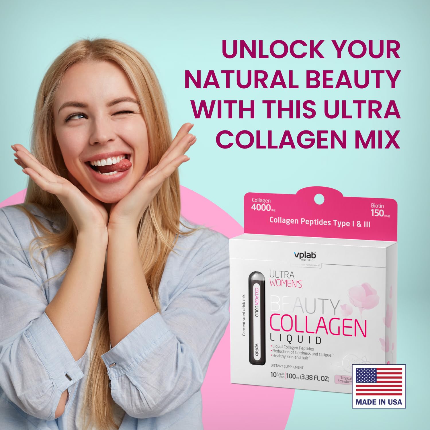 Présentation élégante de VPLab Ultra Beauté Liquide Collagène sur le comptoir, routine beauté.
