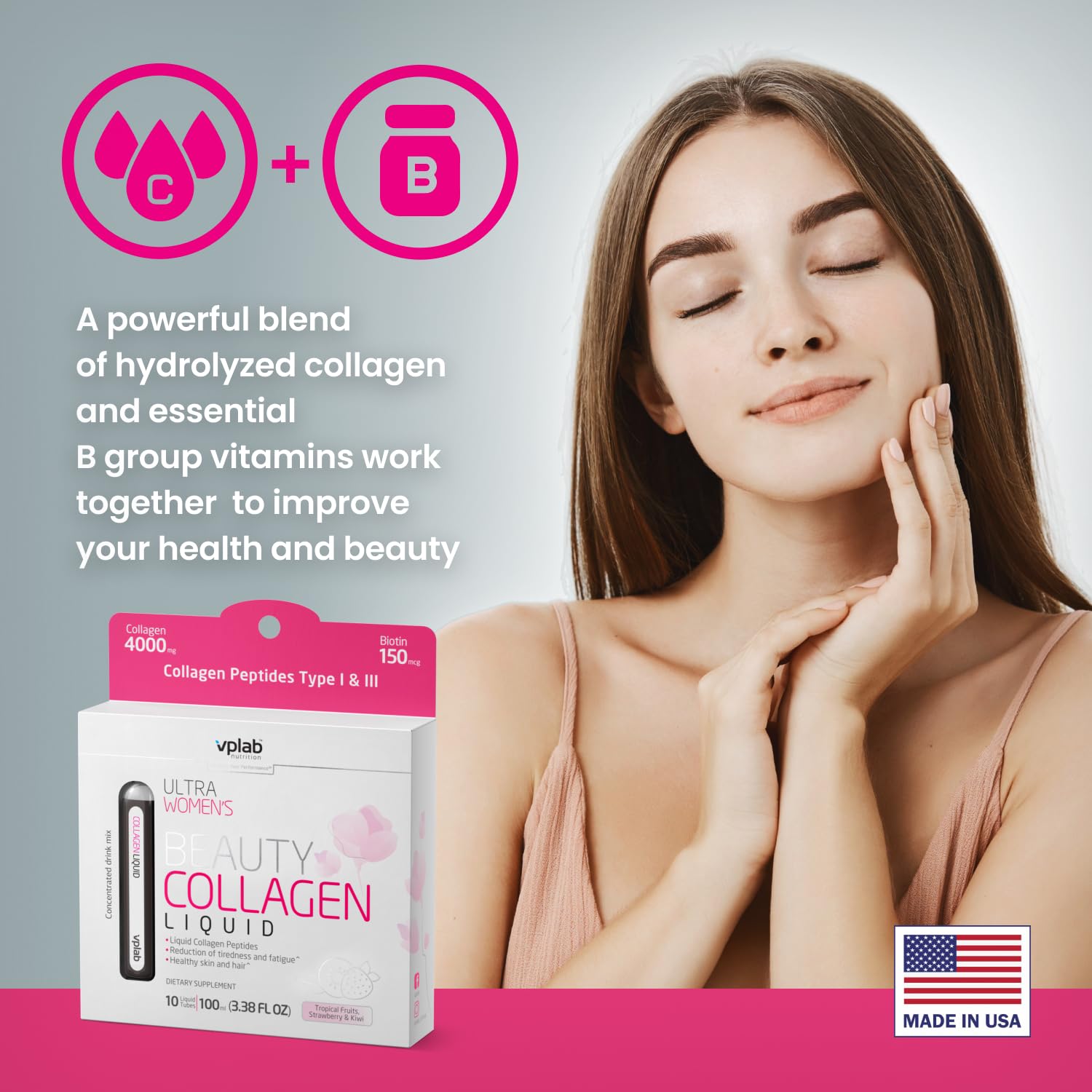 Versement de 10 ml de VPLab Ultra Beauté Liquide Collagène dans l'eau.