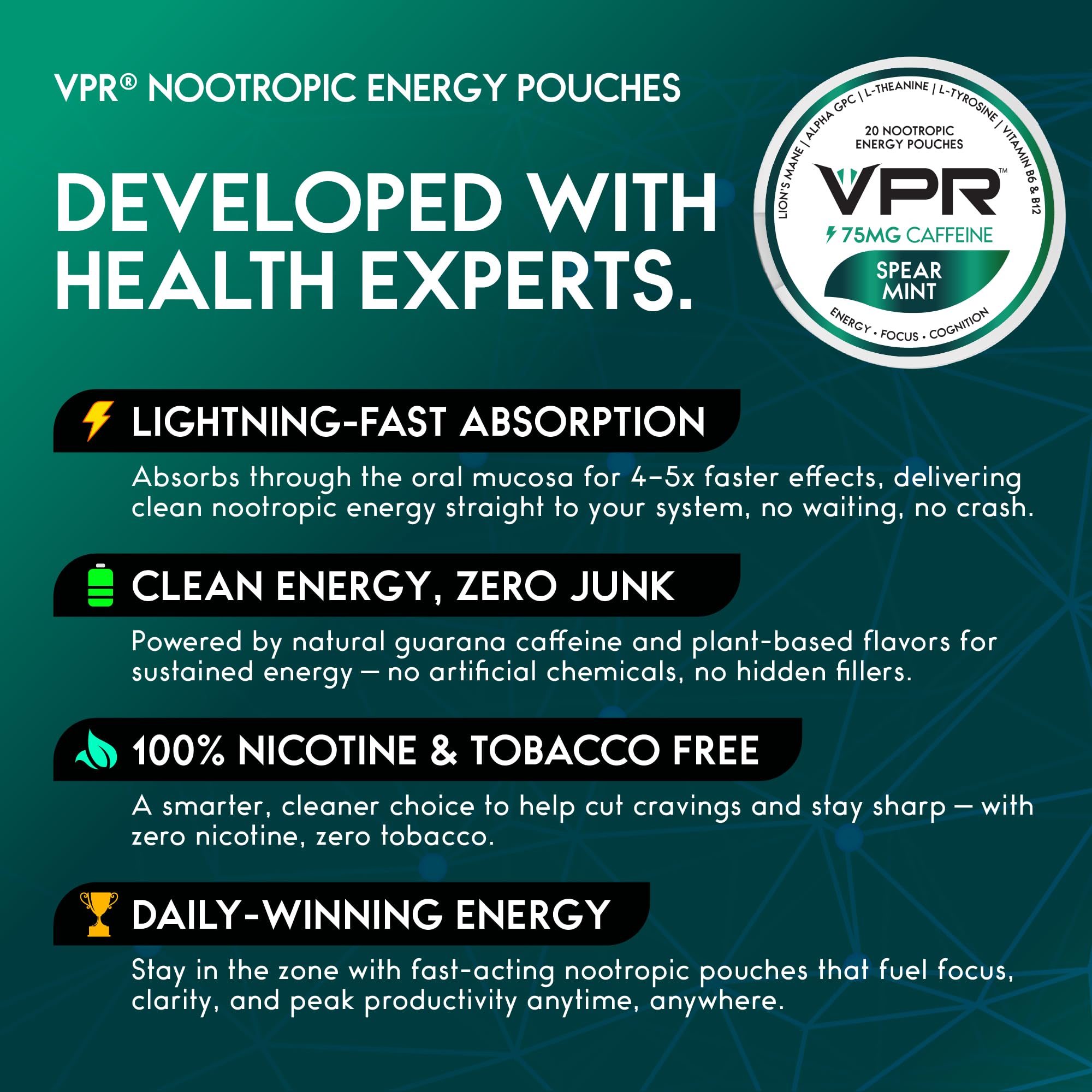 VPR Energy Poche L-Theanine pour énergie calme et concentration soutenue.