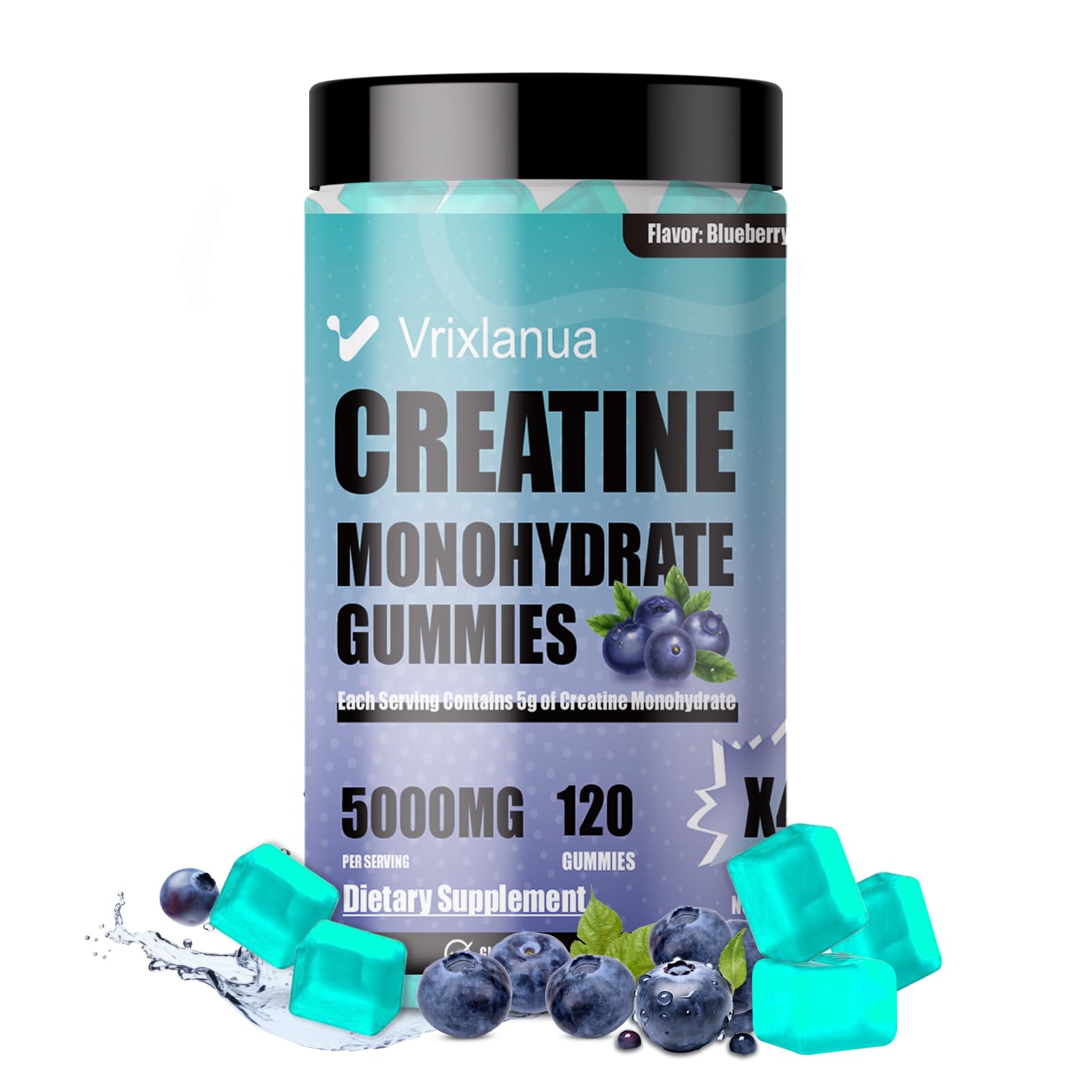 Gommes Vrixlanua créatine 5 g goût myrtille, soutien potentiel à la croissance et récupération.