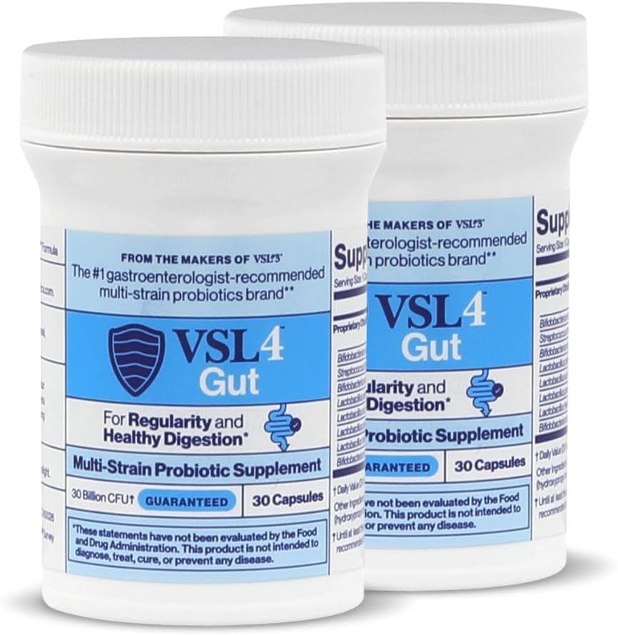 Bouteille VSL4 Gut montrant des probiotiques pour l'équilibre intestinal au quotidien.