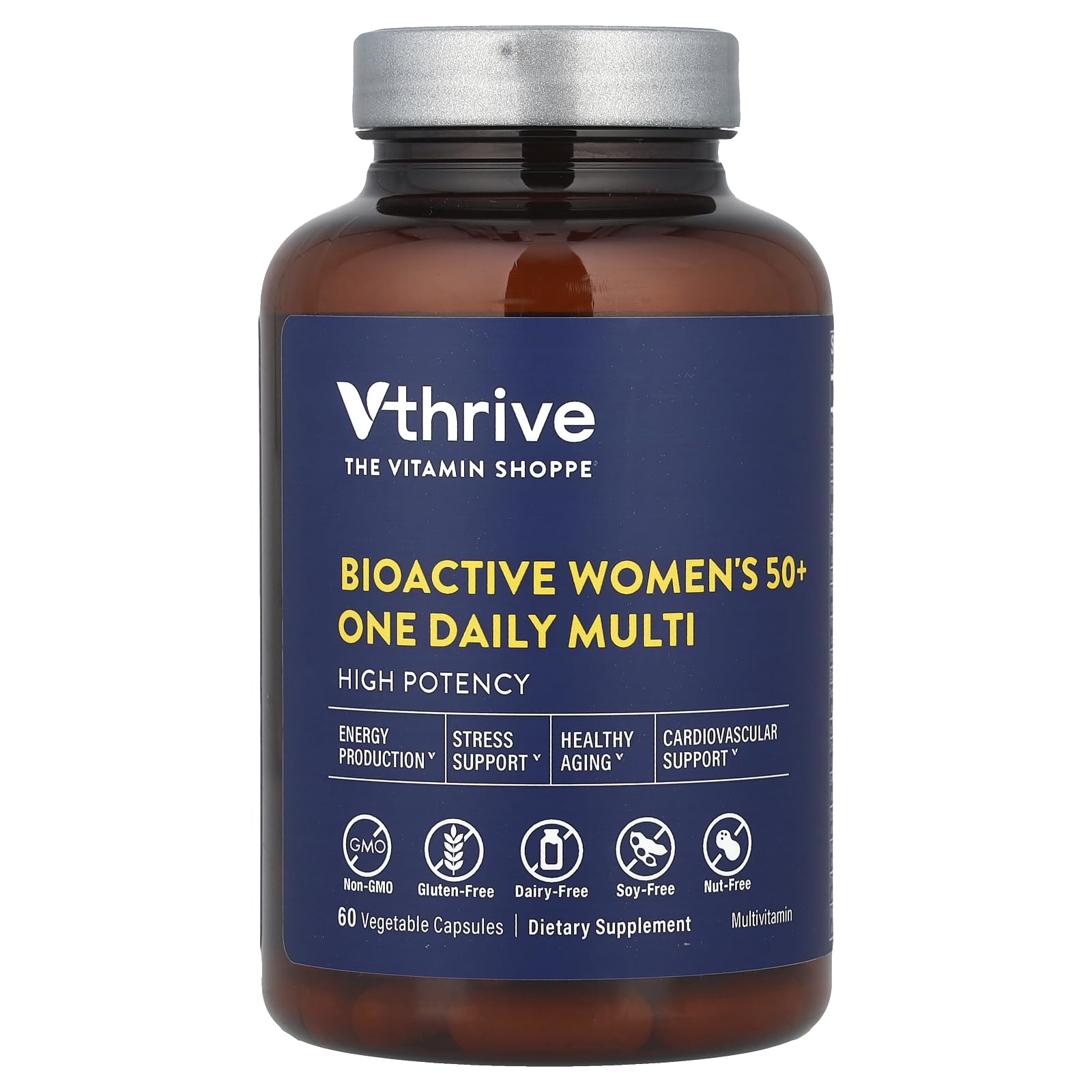 Vthrive gélules végétariennes dans bouteille avec étiquette, soutien quotidien pratique.