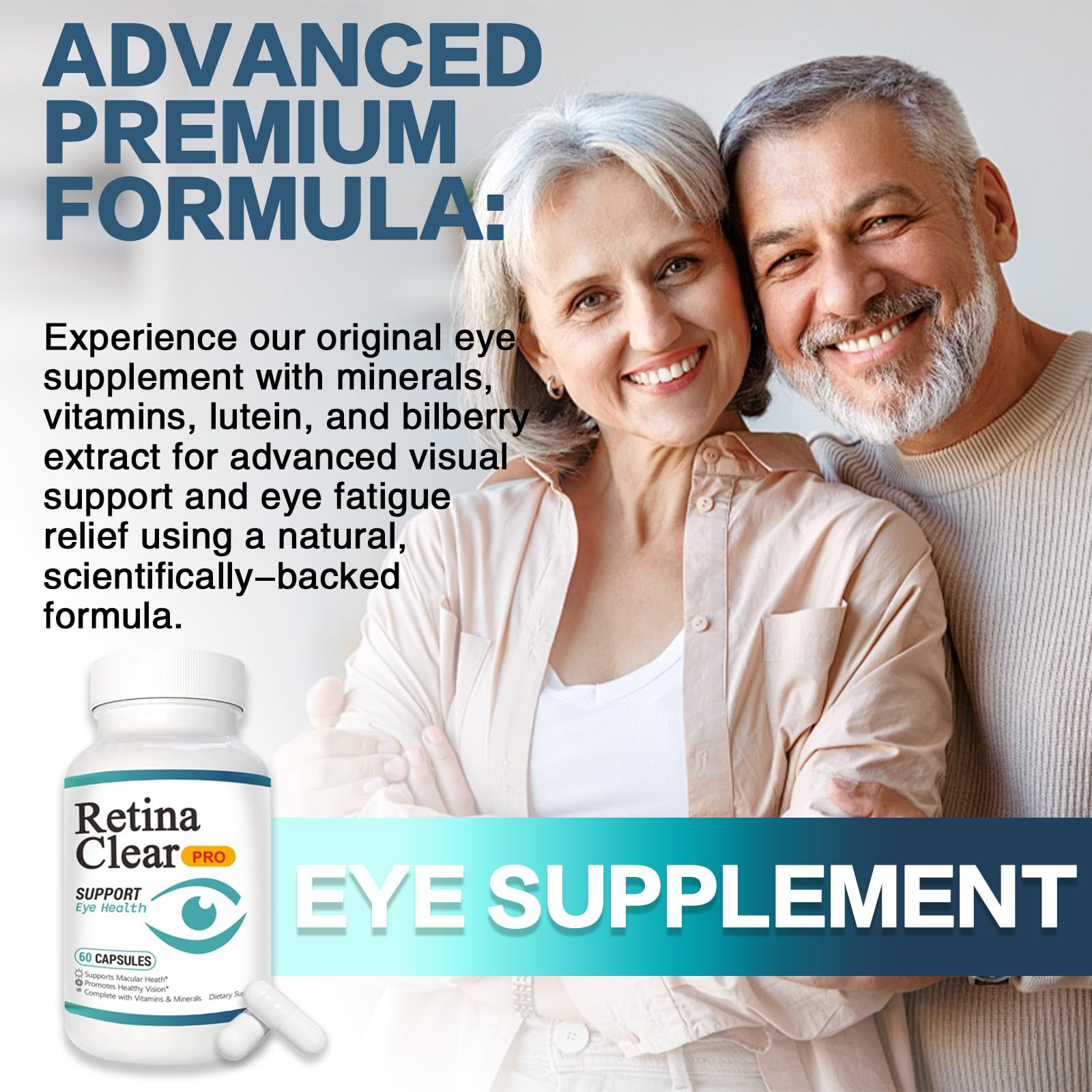Vunexo Retina Clear Pro — bouteille fermée, intégrant une routine saine pour les yeux.