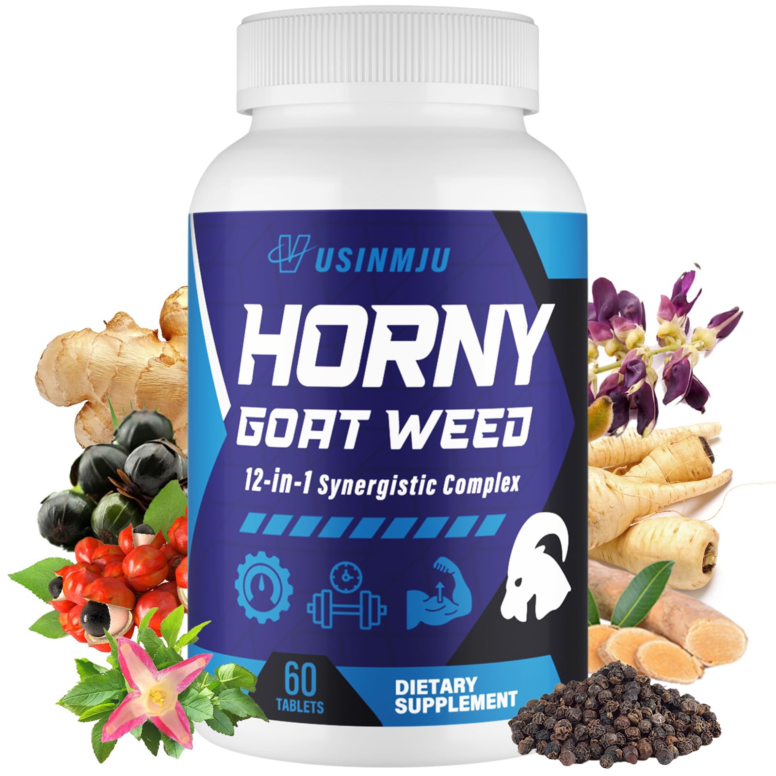 Vusinmju Hornygoatweed bouteille 60 comprimés, énergie soutenue pour la journée.