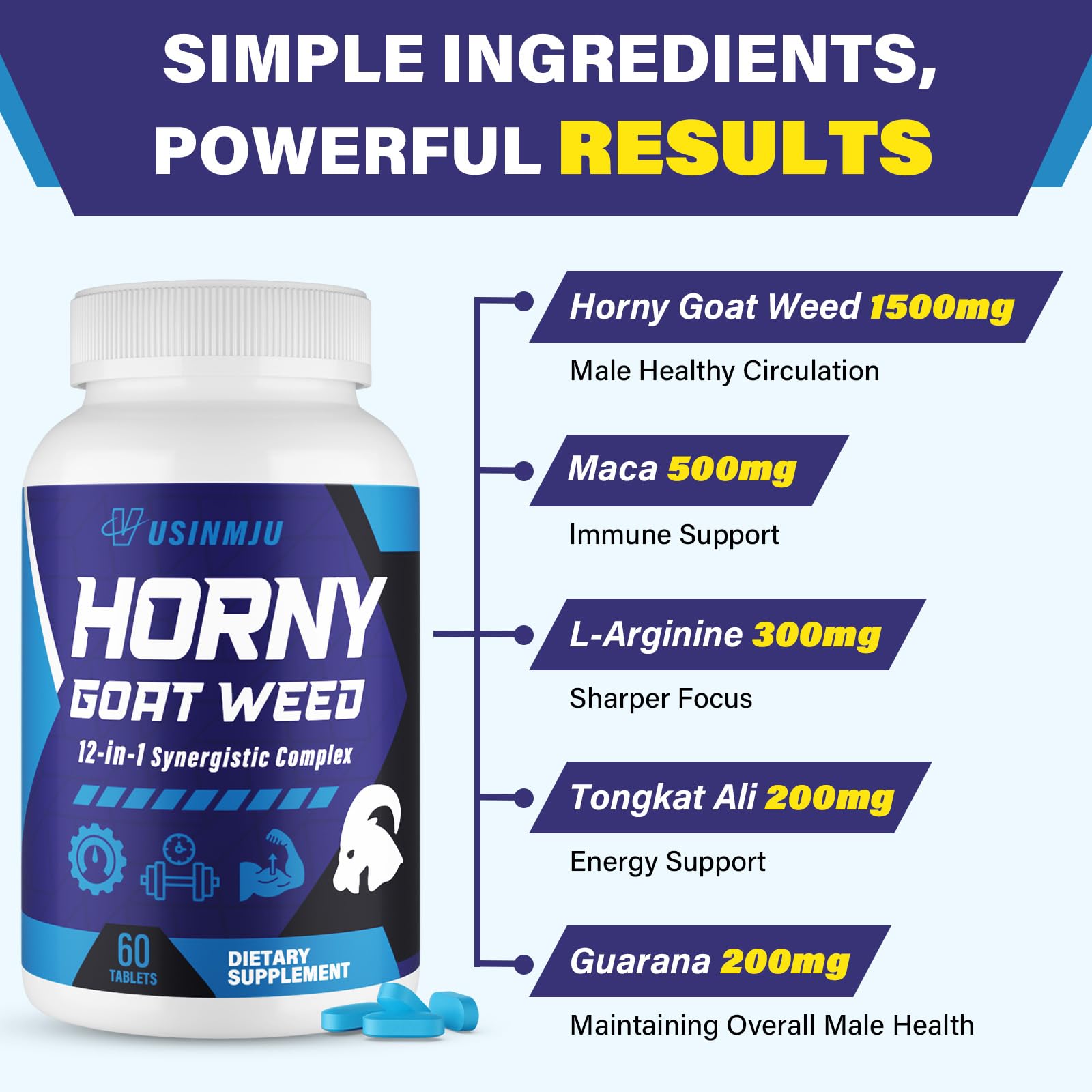 Vusinmju Hornygoatweed tablettes énergie quotidienne, prise aisée.