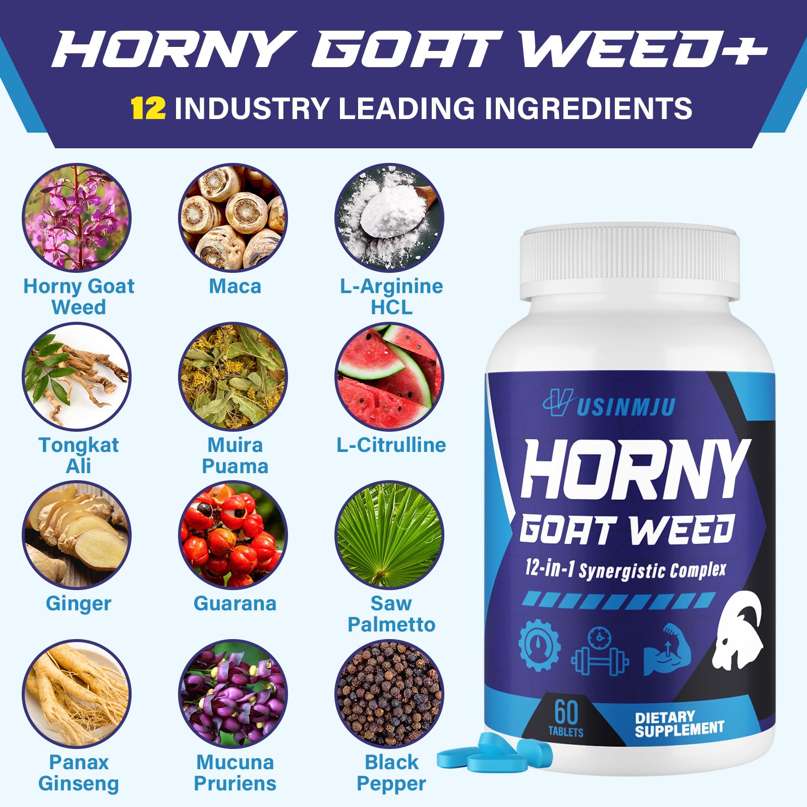 Vusinmju Hornygoatweed emballage recto, présentation claire pour l'achat et la planification.