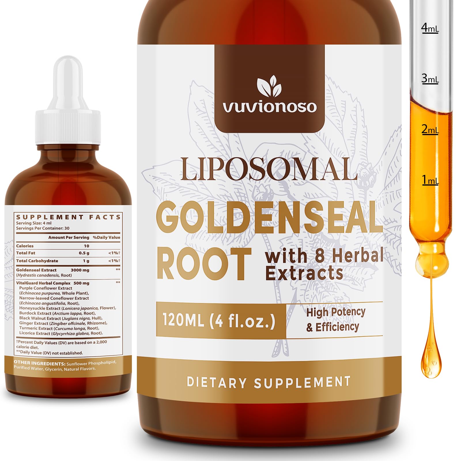 Bouteille Vuvionoso Goldenseal prête pour usage quotidien et soutien naturel.