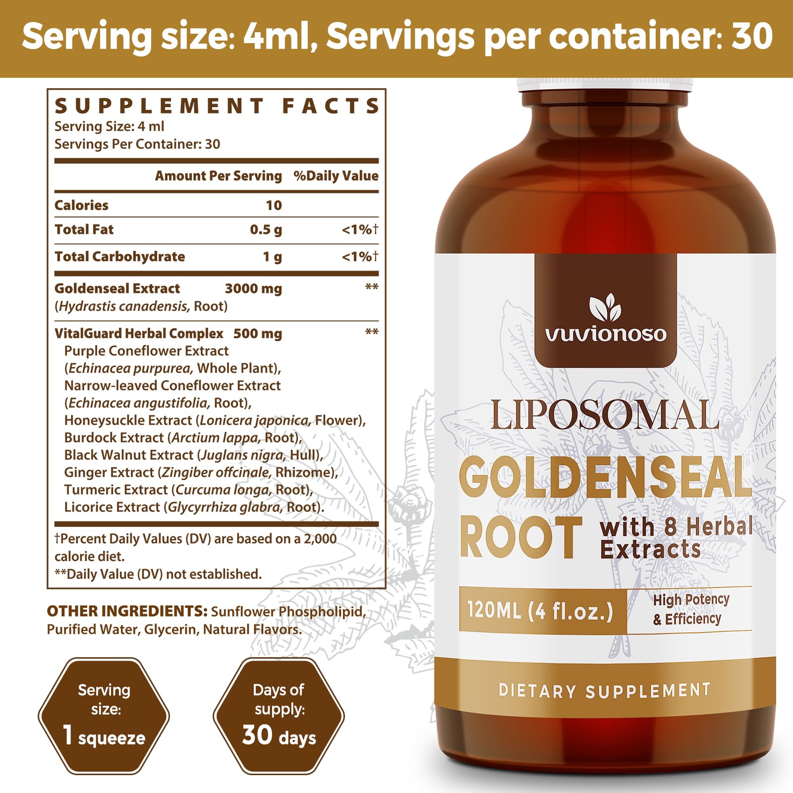 Gouttes Vuvionoso Goldenseal avec pipette pour dosages faciles dans eau ou jus.