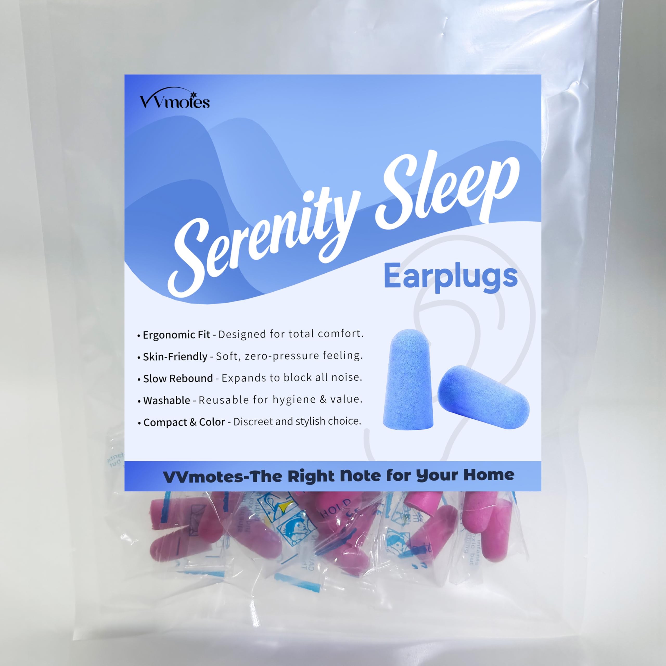 Bouchons d'oreille VVmotes en mousse douce, parfaits pour dormir et rester concentré.