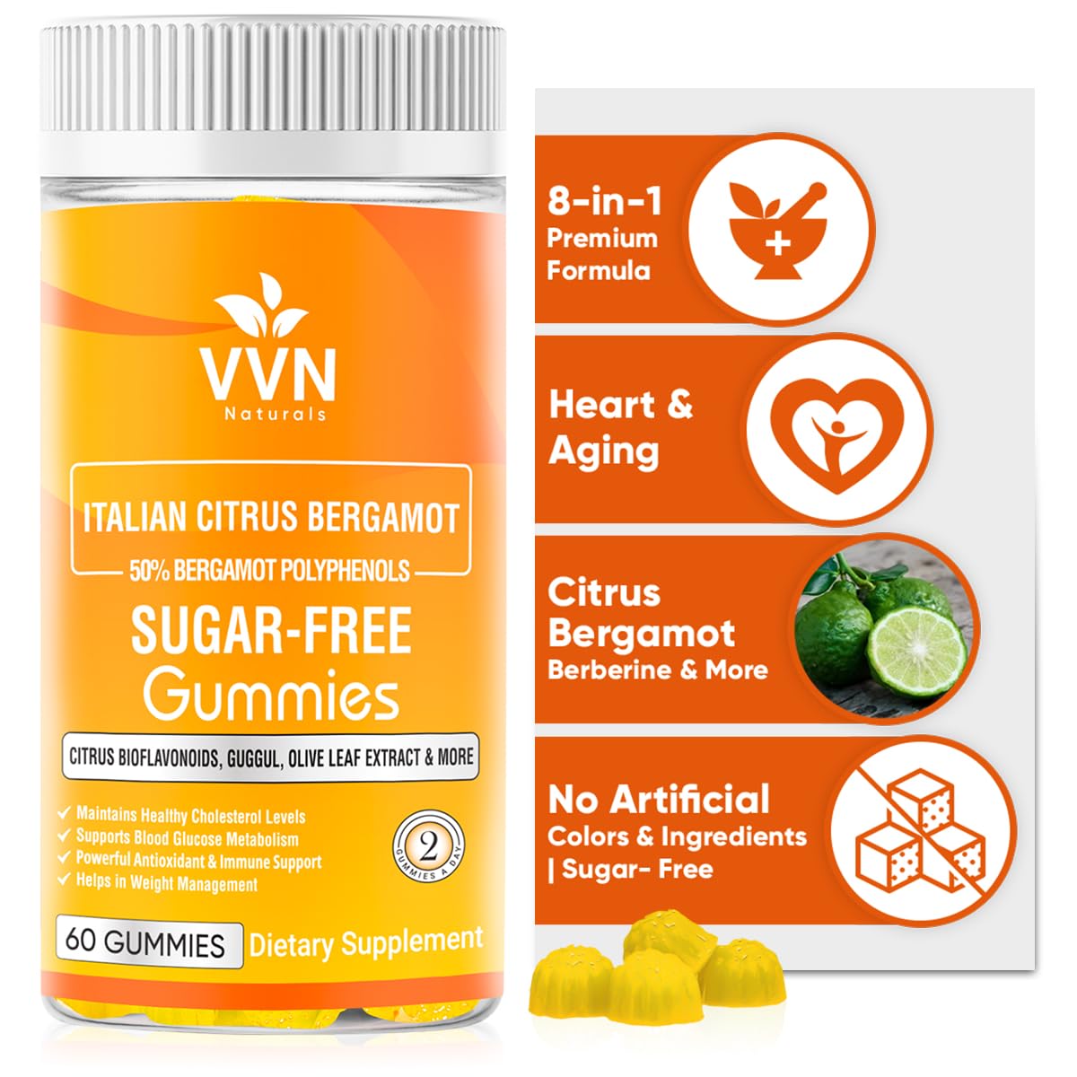 Gommes Citrus Bergamot de VVN Naturals dans une bouteille pratique pour un usage quotidien.