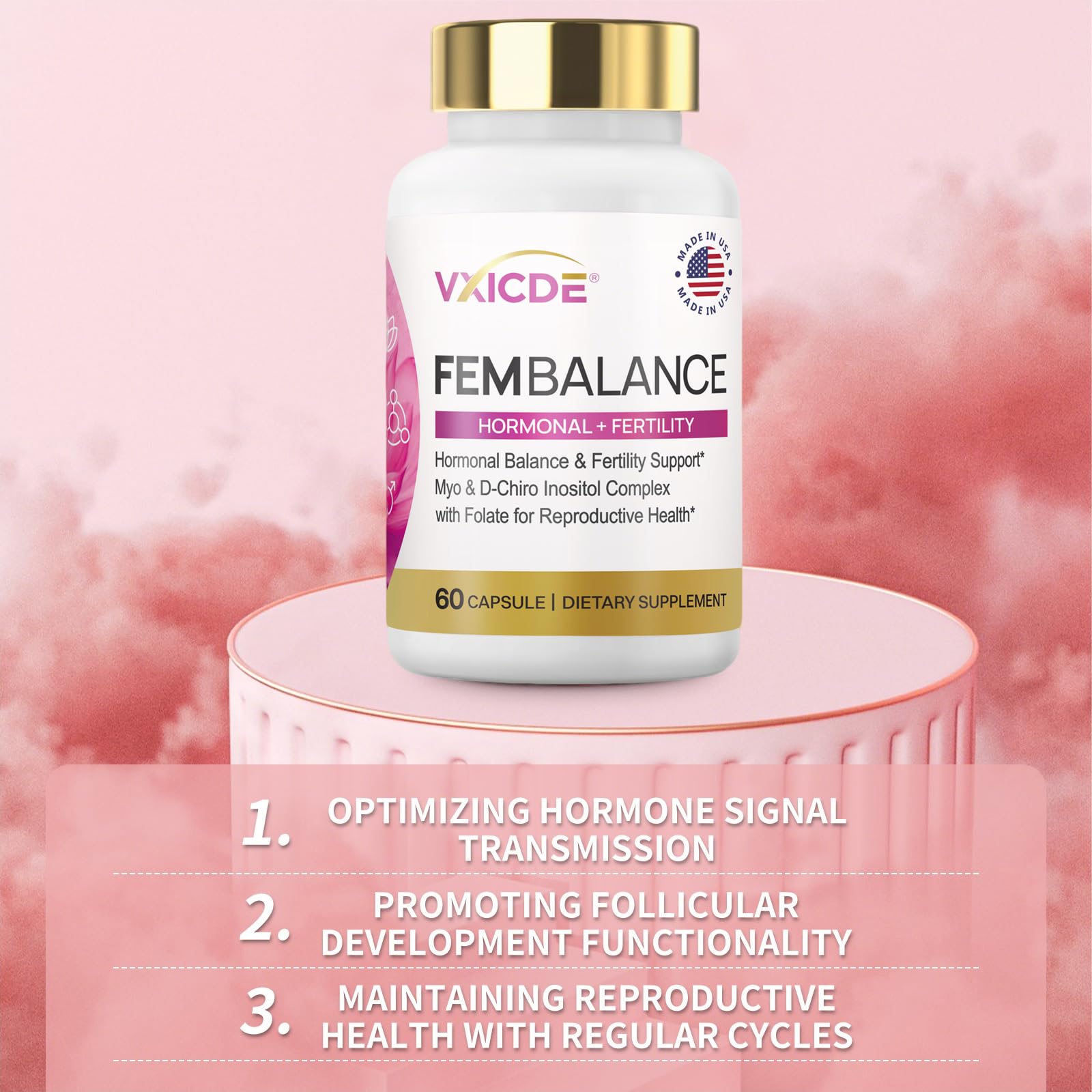 VXICDE Myo-Inositol - emballage clair: ingrédients vegan et sans OGM.