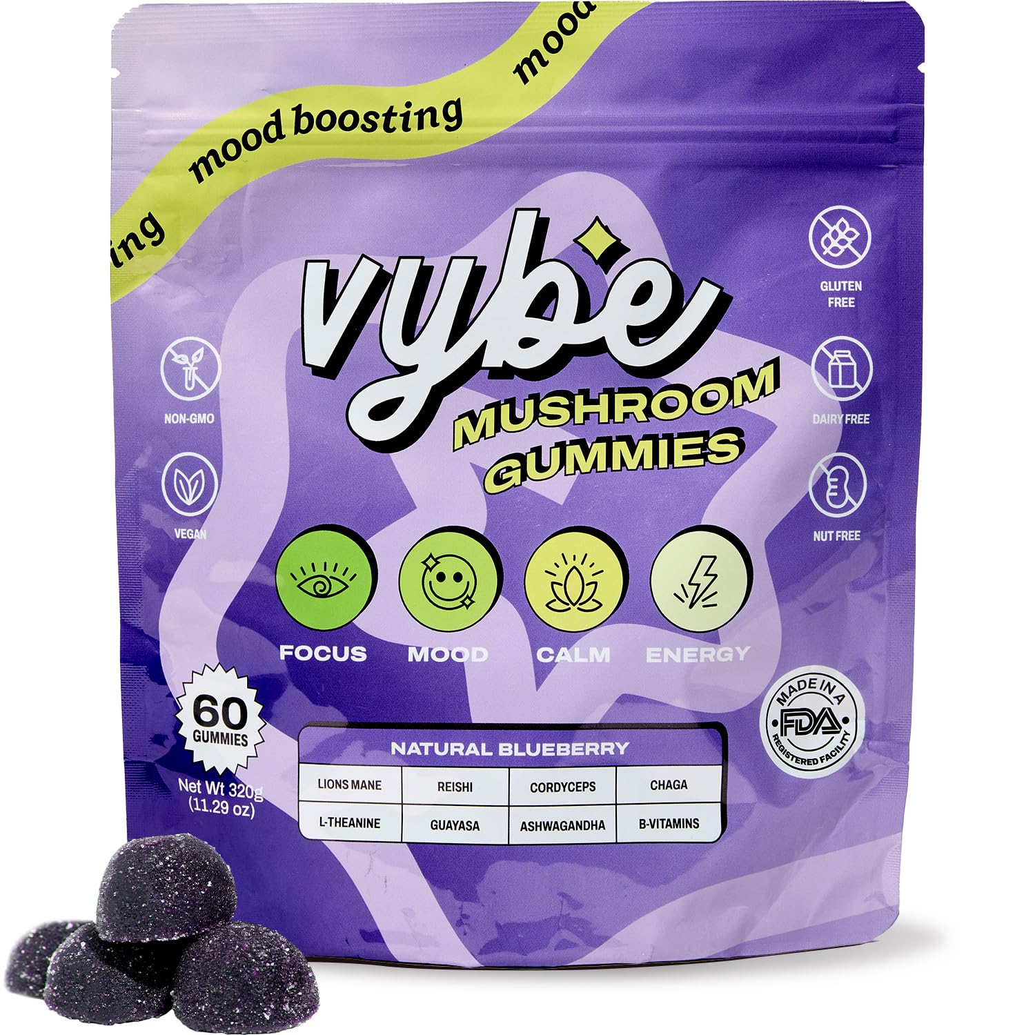 Gommes Vybe Wellness 8-en-1 – boîte montrée, soutien potentiel à la concentration.