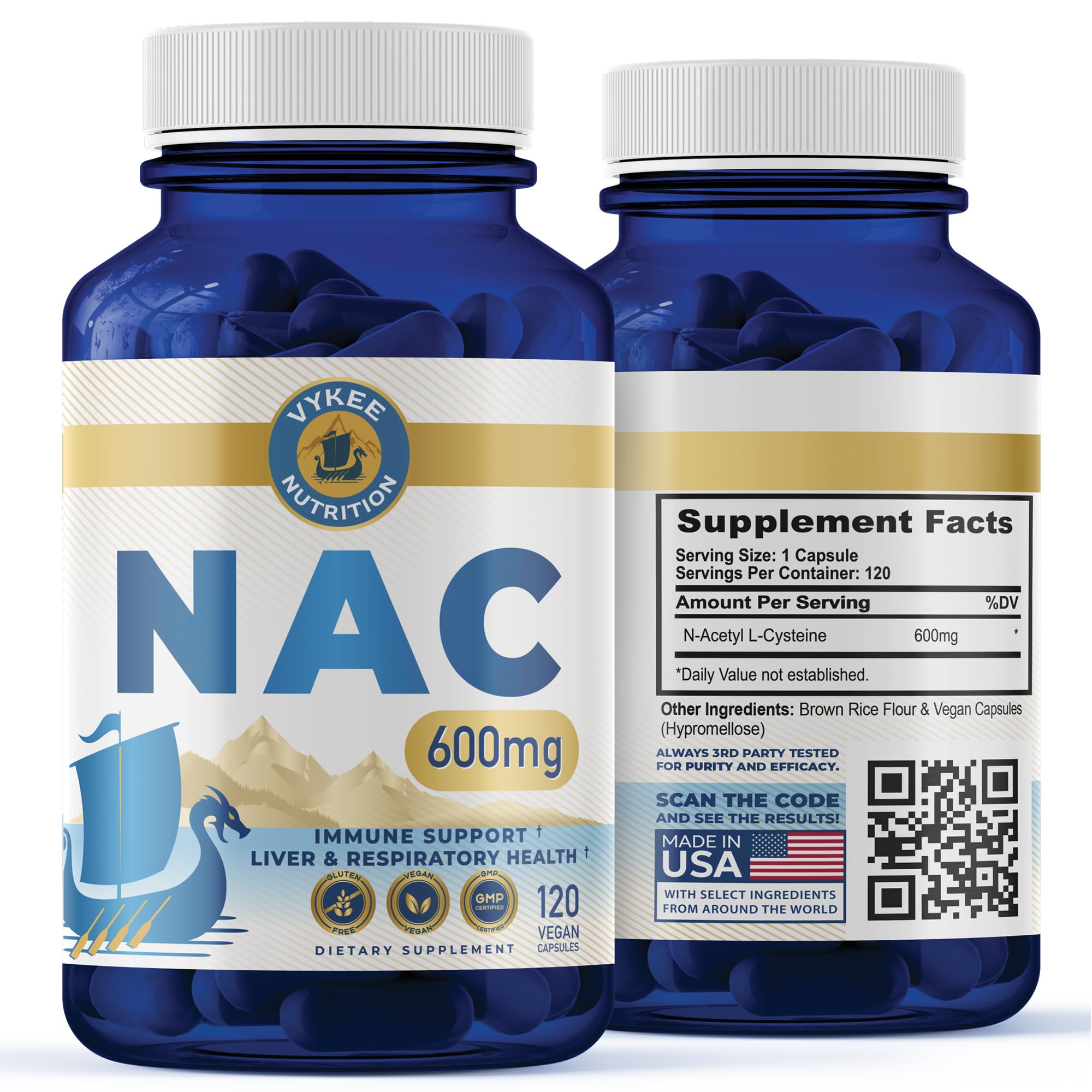 Vykee NAC 600 mg capsules et boîte, soutien potentiel des cellules et détox.