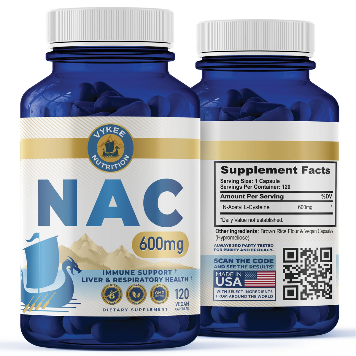Vykee NAC 600 mg capsules et boîte, soutien potentiel des cellules et détox.