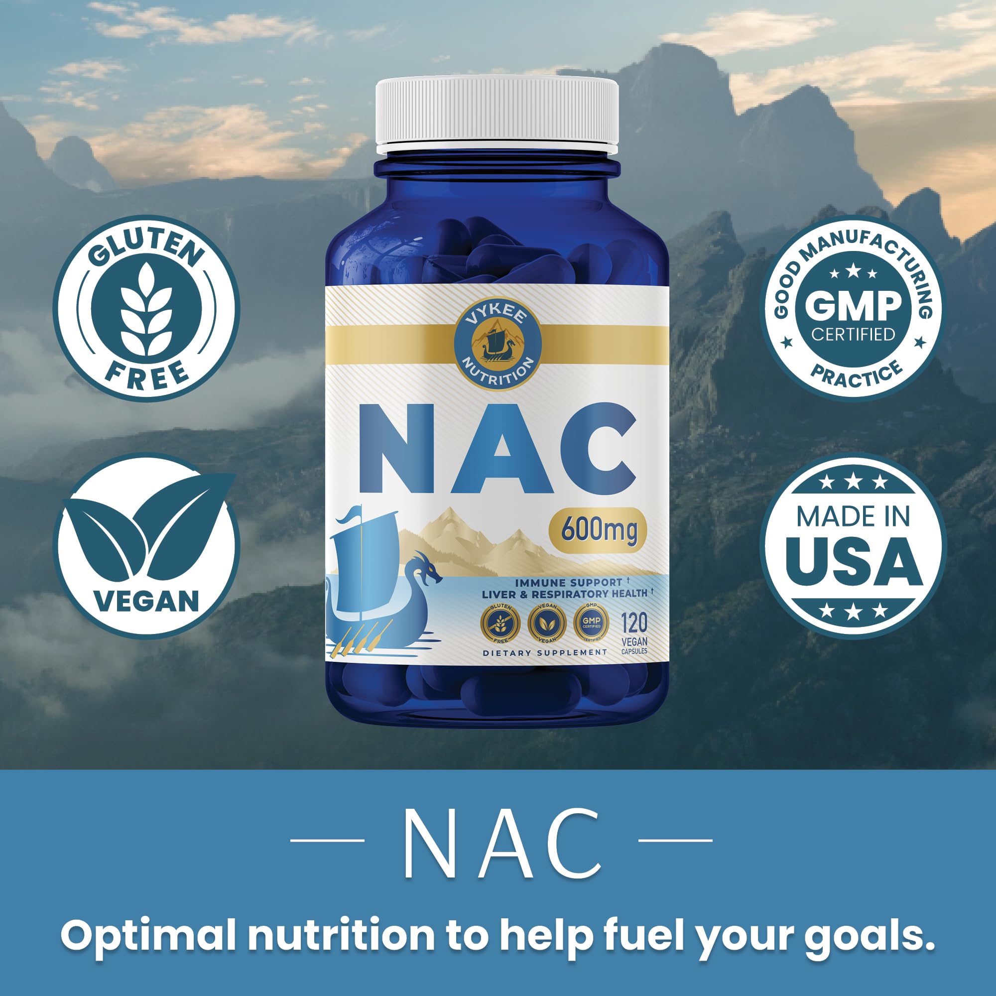 Renforcement du glutathion avec Vykee NAC, capsules 600 mg et flacon.