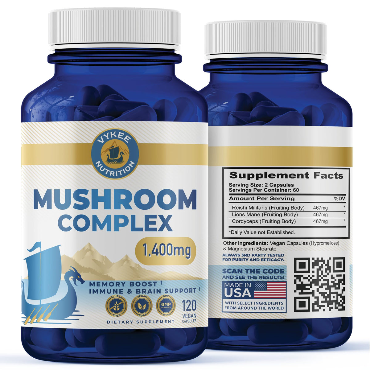 Vykee Nutrition bouteille mélange champignons, soutien concentration et énergie.