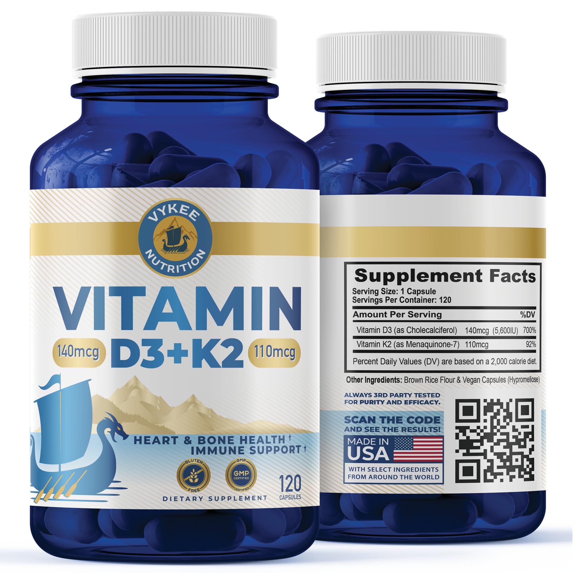 Vykee Nutrition D3 K2 Complexe – bouteille avec capsules, idéale pour une supplémentation quotidienne