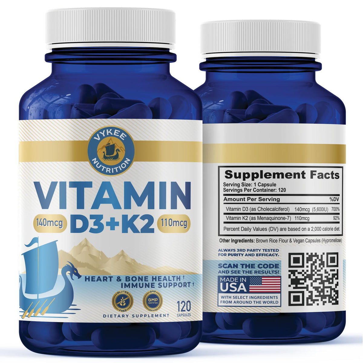 Vykee Nutrition D3 K2 Complexe – bouteille avec capsules, idéale pour une supplémentation quotidienne