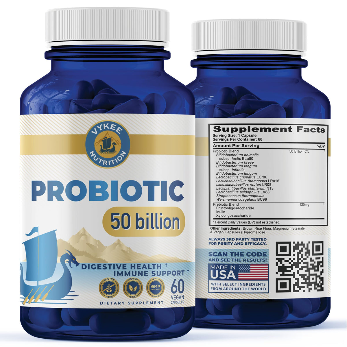 Vykee Nutrition Probiotique Quotidien: bouteille affichant 50 milliards CFU pour le soutien digestif.