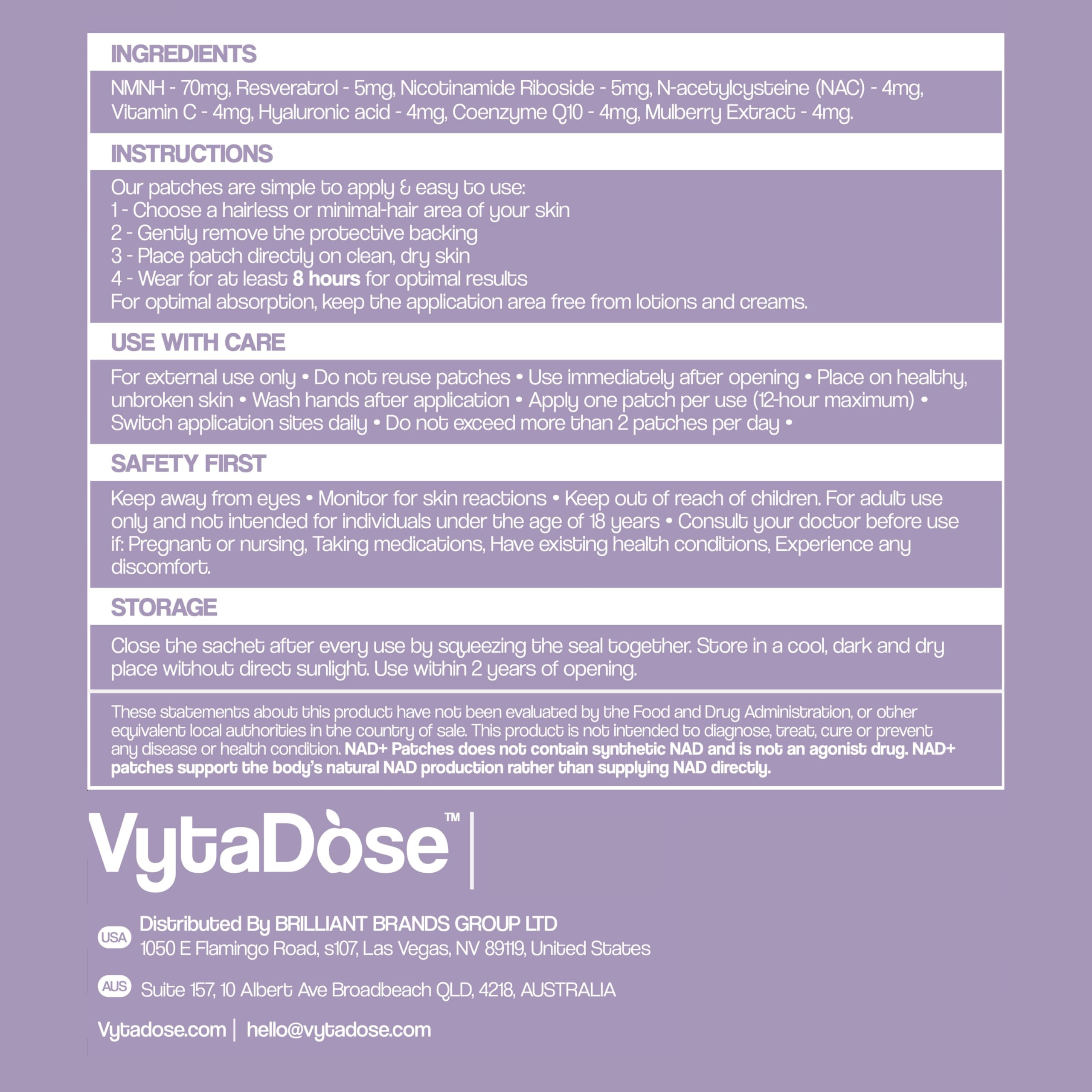 Vytadose NAD+ patch adhésif 3M sans latex pour peau sensible.