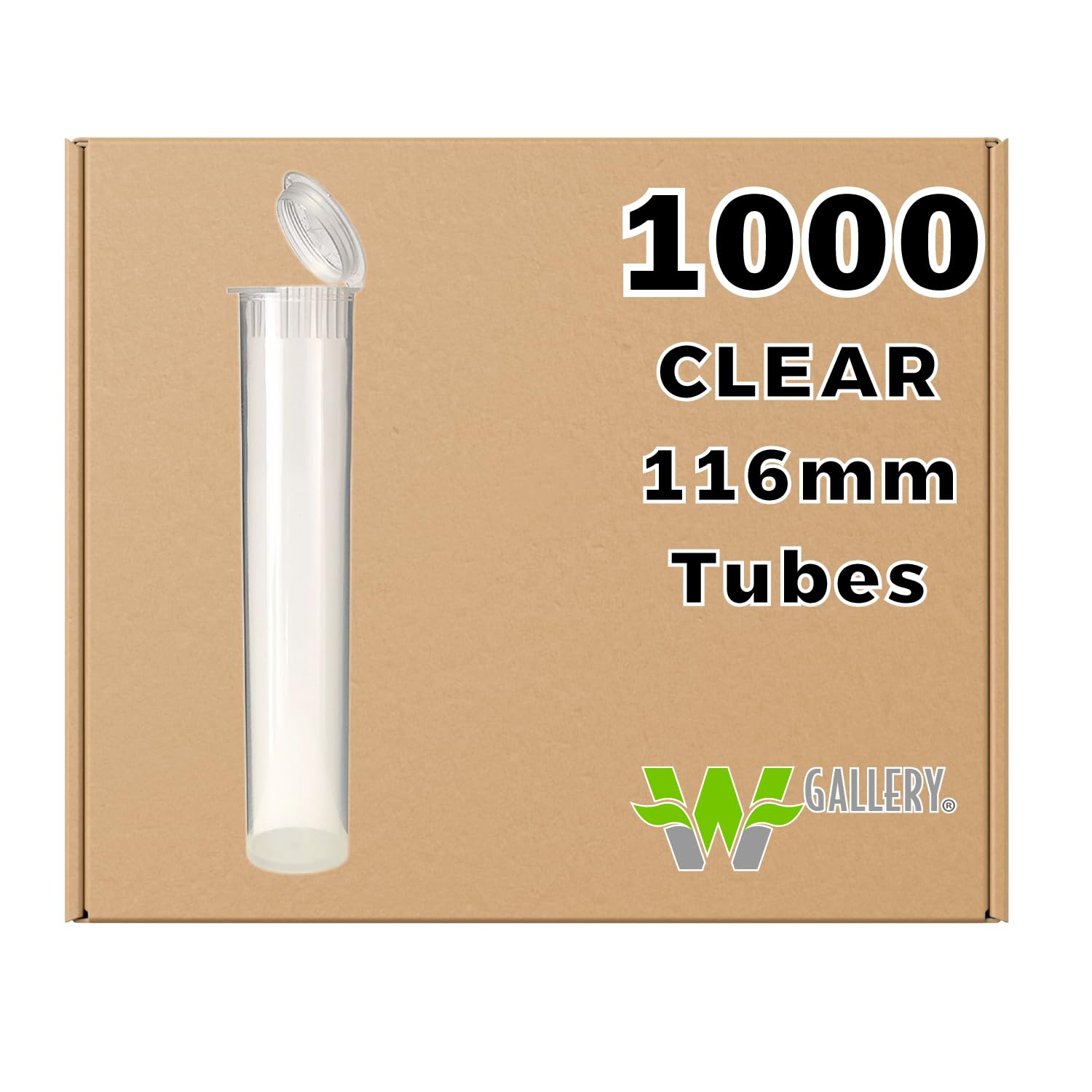 W Gallery tube clair 116 mm avec capuchon pop, idéal pour pré-rouleaux et rangement propre.
