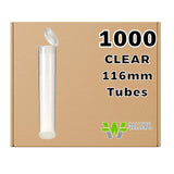 W Gallery tube clair 116 mm avec capuchon pop, idéal pour pré-rouleaux et rangement propre.