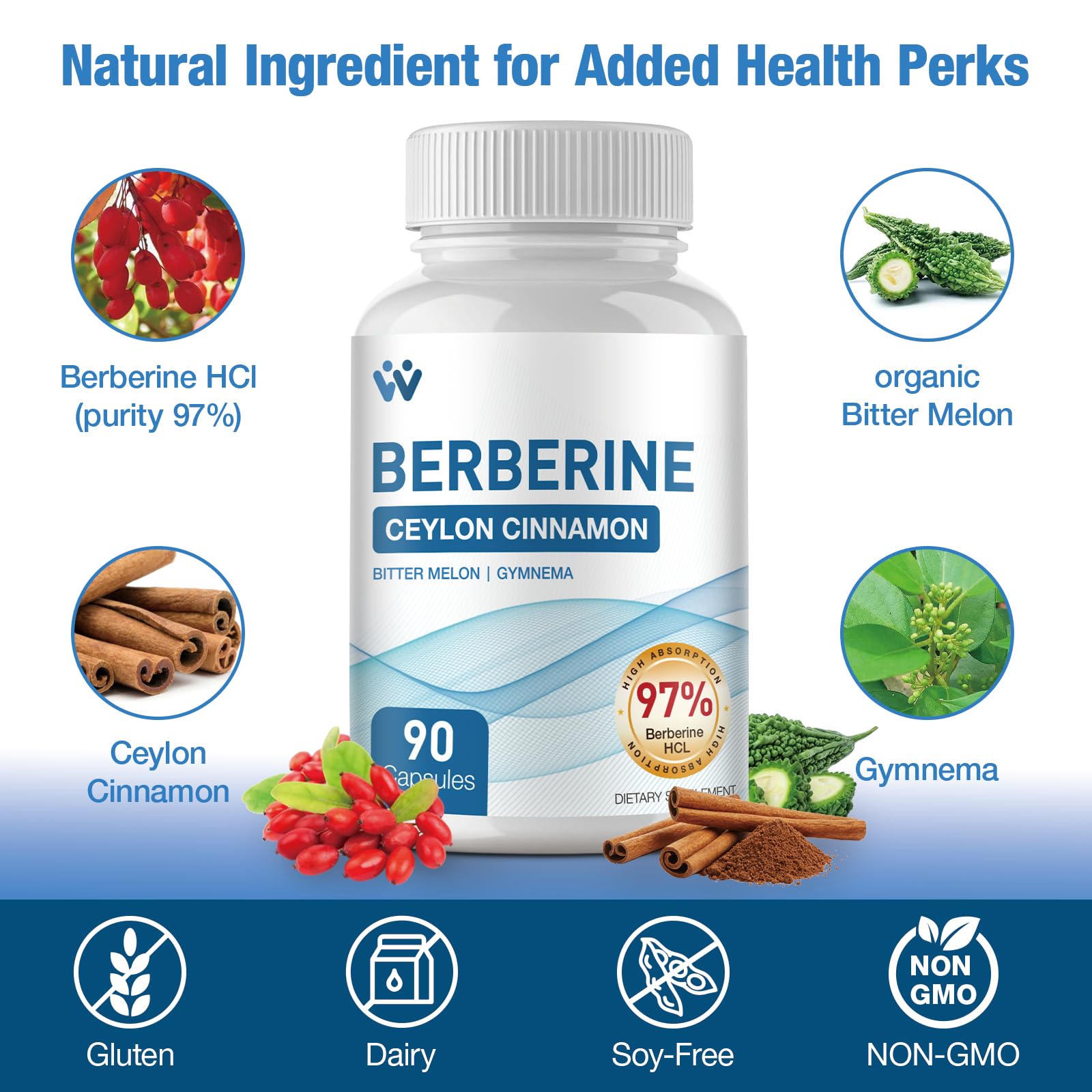 Berberine HCL et Bitter Melon – flacon WACHRAY, fibres et vitamines visibles.