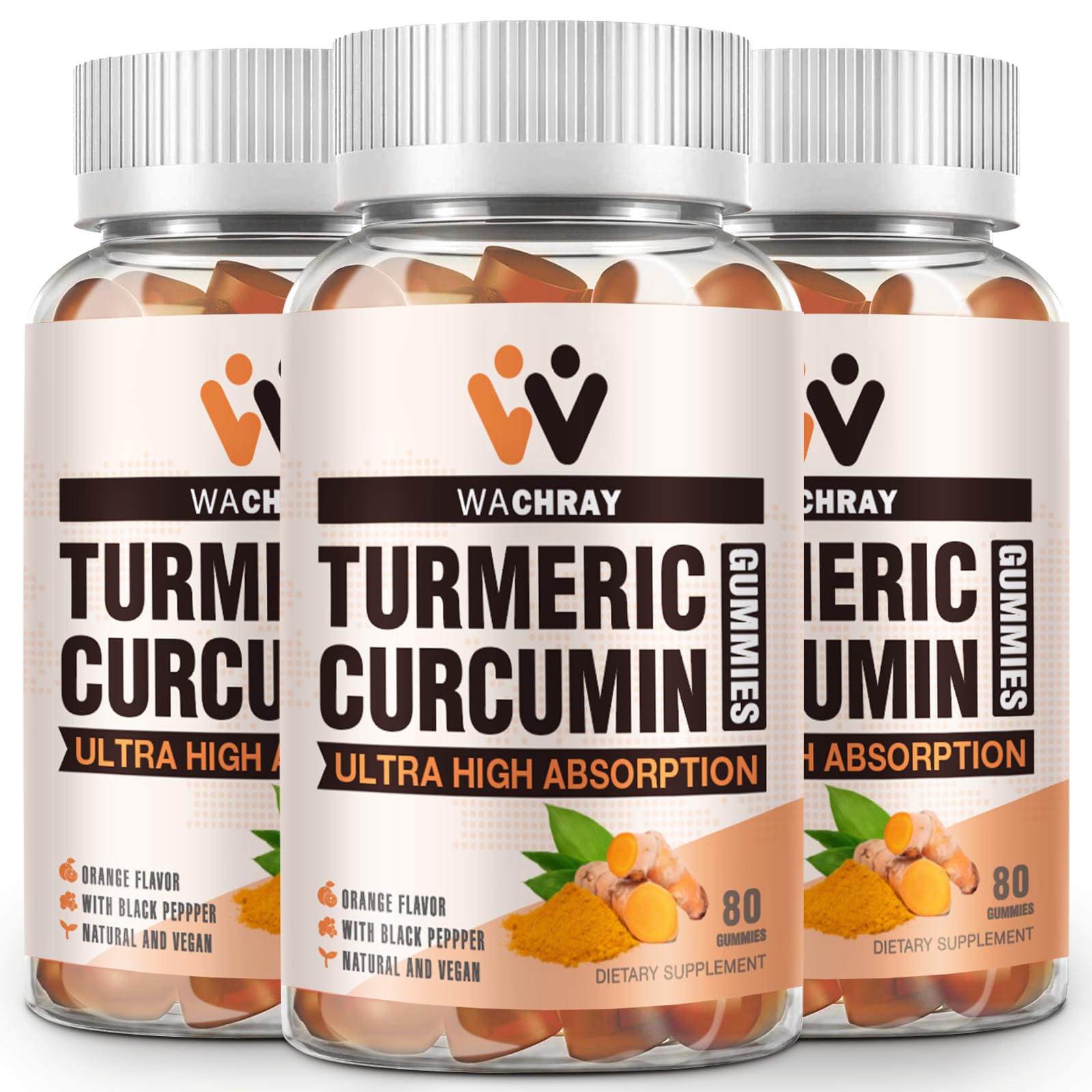 Gommes WACHRAY curcuma avec gingembre et poivre noir en bouteille, soutien potentiel à la vitalité.