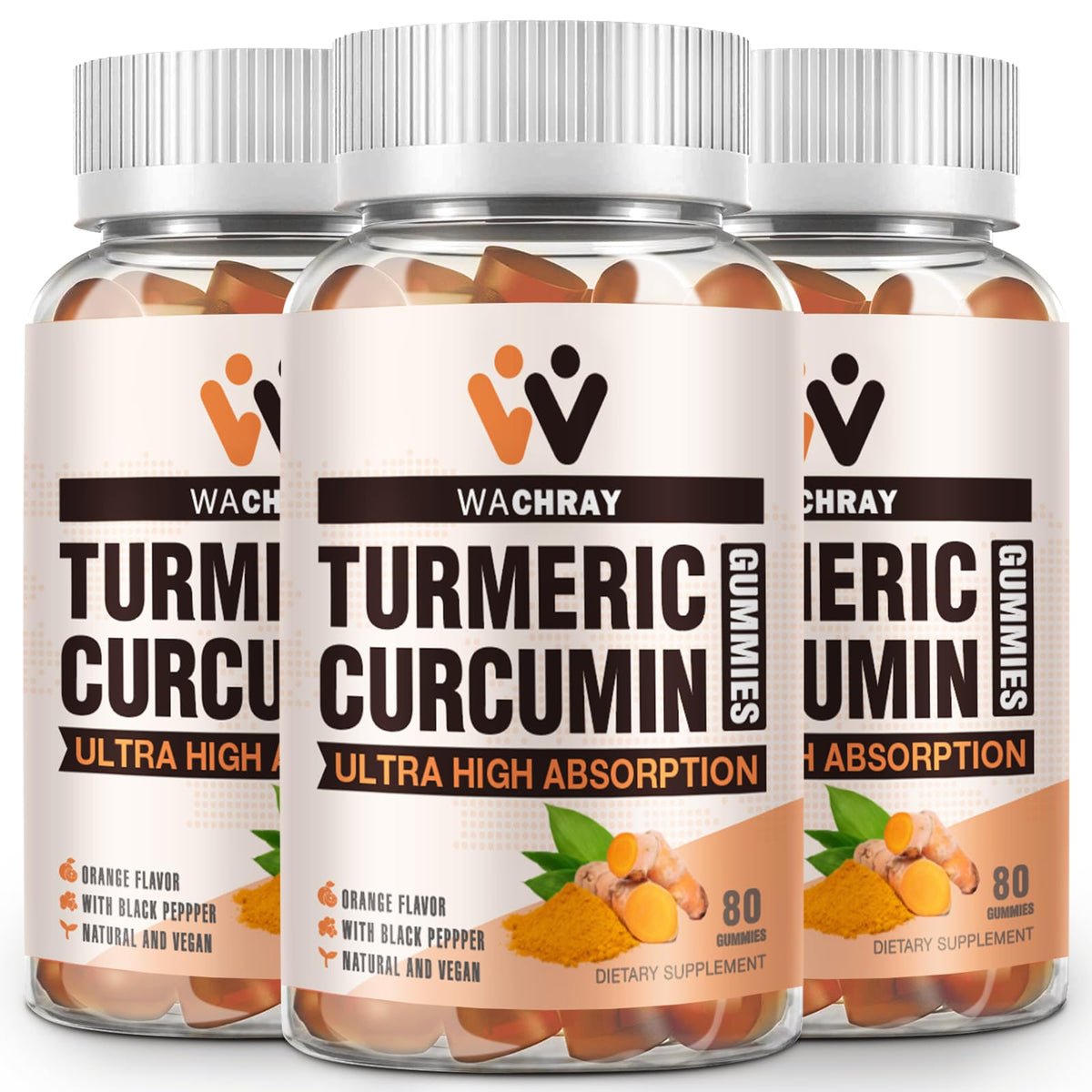 Gommes WACHRAY curcuma avec gingembre et poivre noir en bouteille, soutien potentiel à la vitalité.