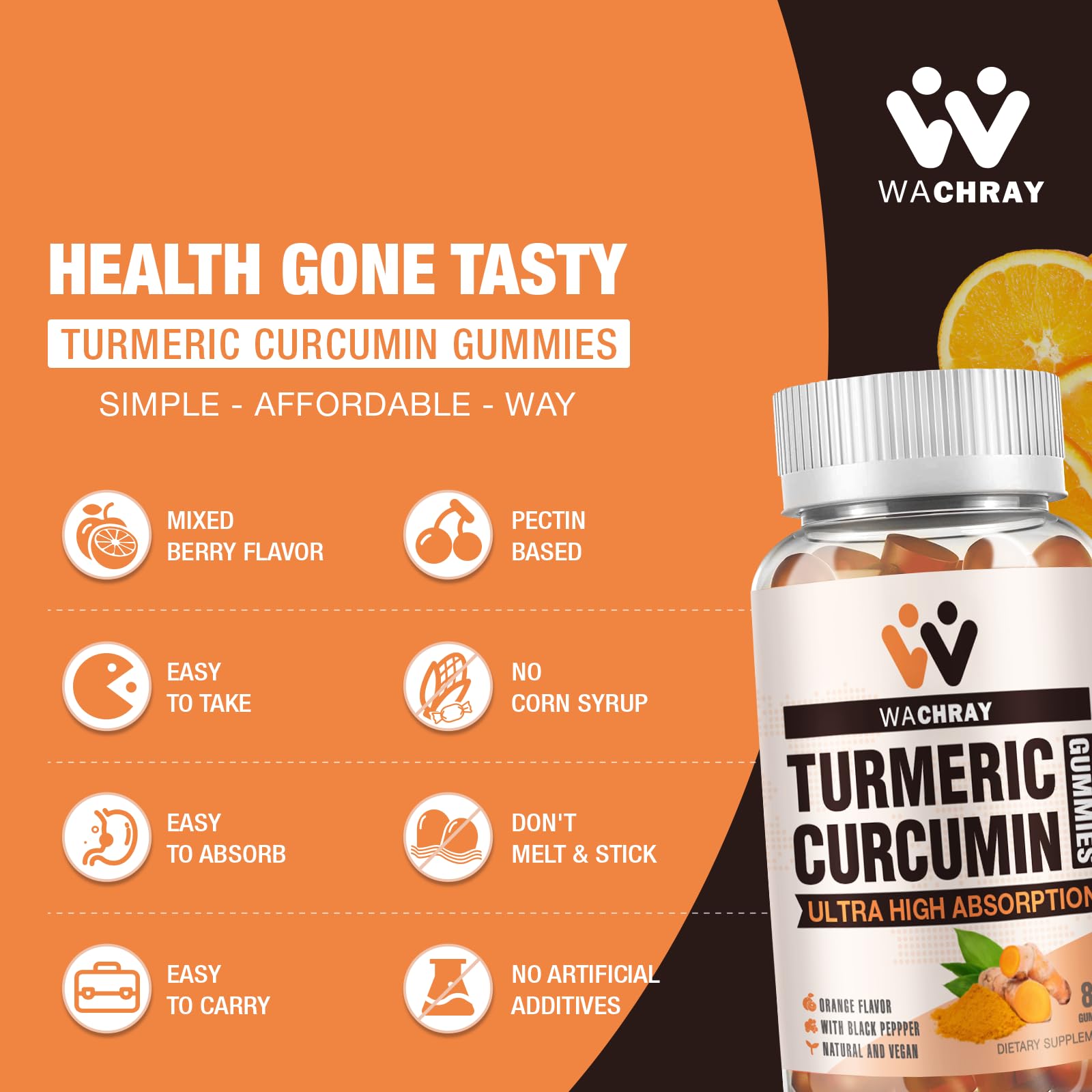Packaging 3-pack WACHRAY curcuma gommes, pratique à emporter.