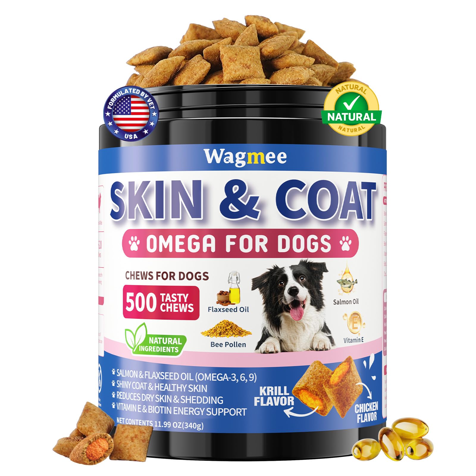 Wagmee Omega-3 pour chien — emballage montrant la formule peau et pelage hydraté.