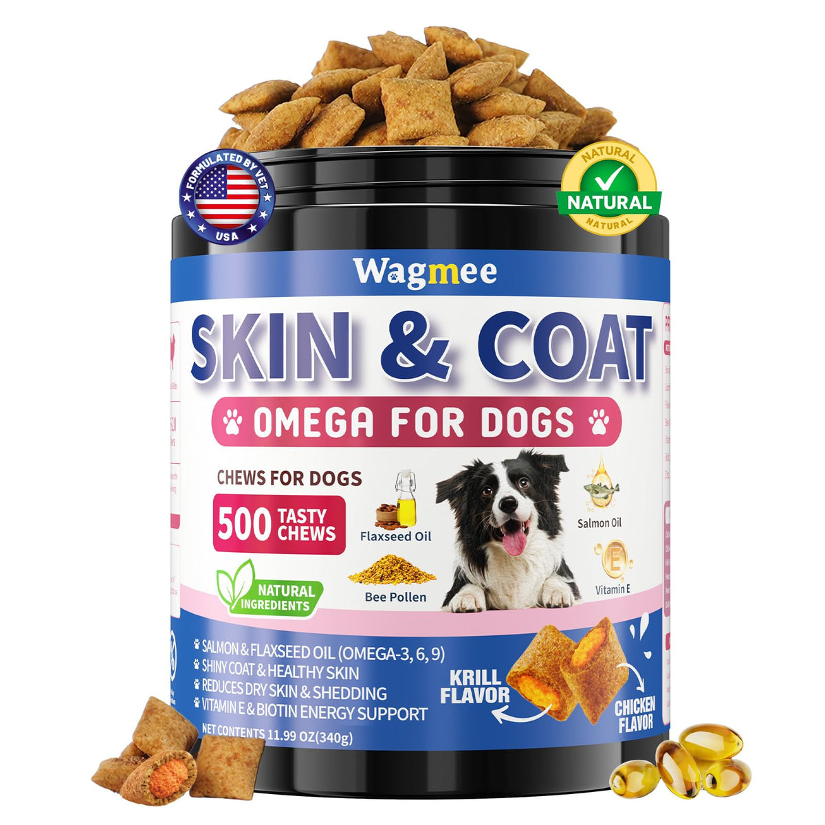 Wagmee Omega-3 pour chien — emballage montrant la formule peau et pelage hydraté.