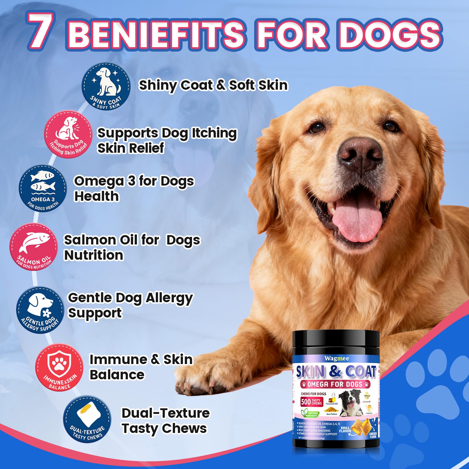 Wagmee Omega-3 pour chien — source de saumon et huiles naturelles bénéfiques pour le pelage.