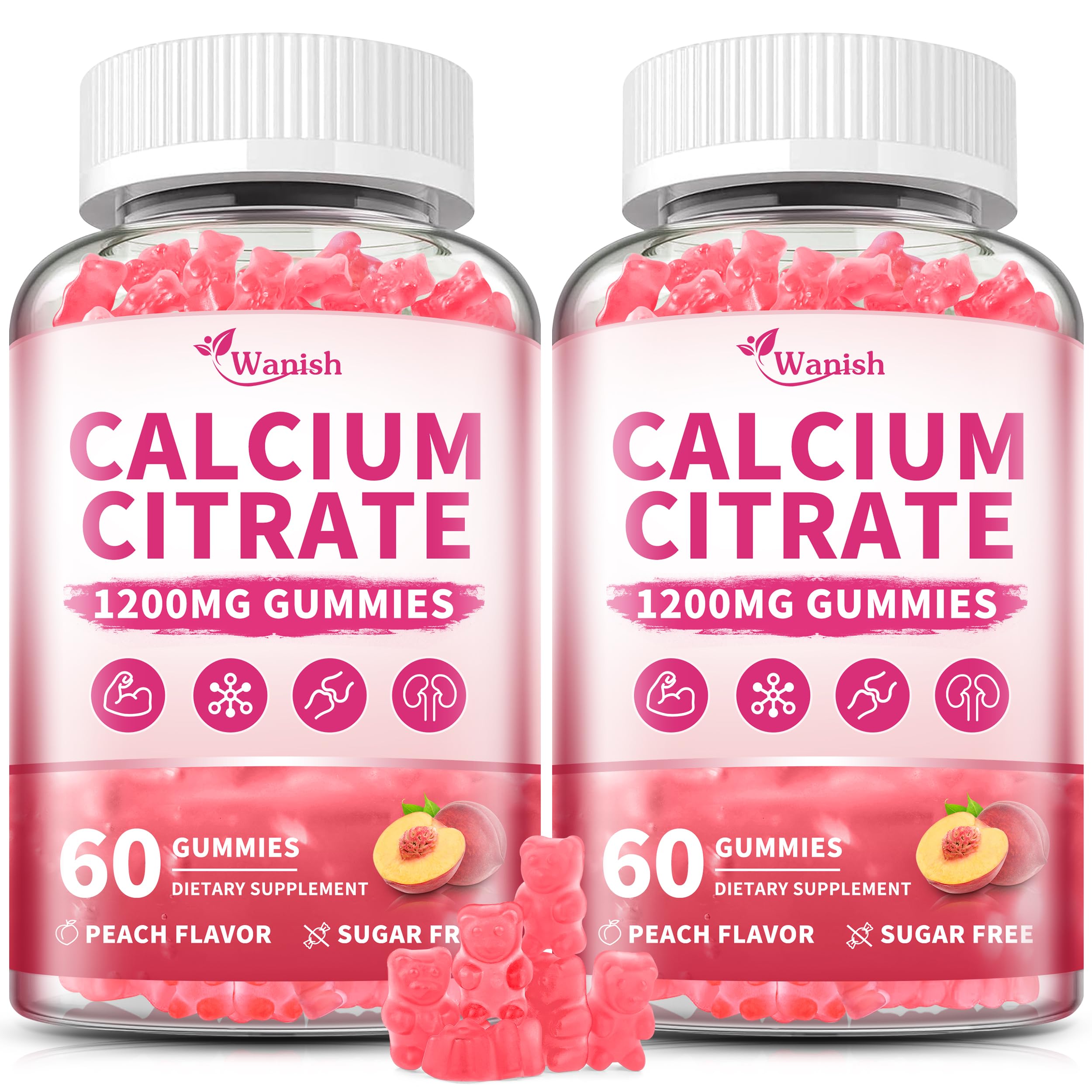 Wanish Calcium Citrate 1200 mg – bonbons gélifiés en boîte, soutien potentiel des os et absorption facilitée.