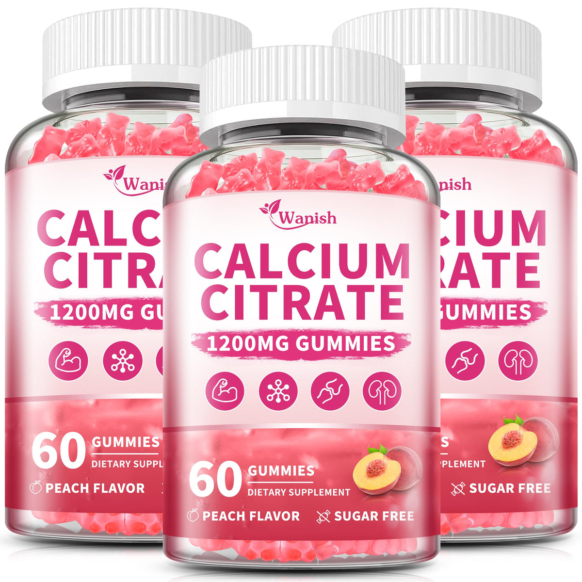 Gommes Wanish citrate calcium en emballage pratique, soutien potentiel des os et muscles.