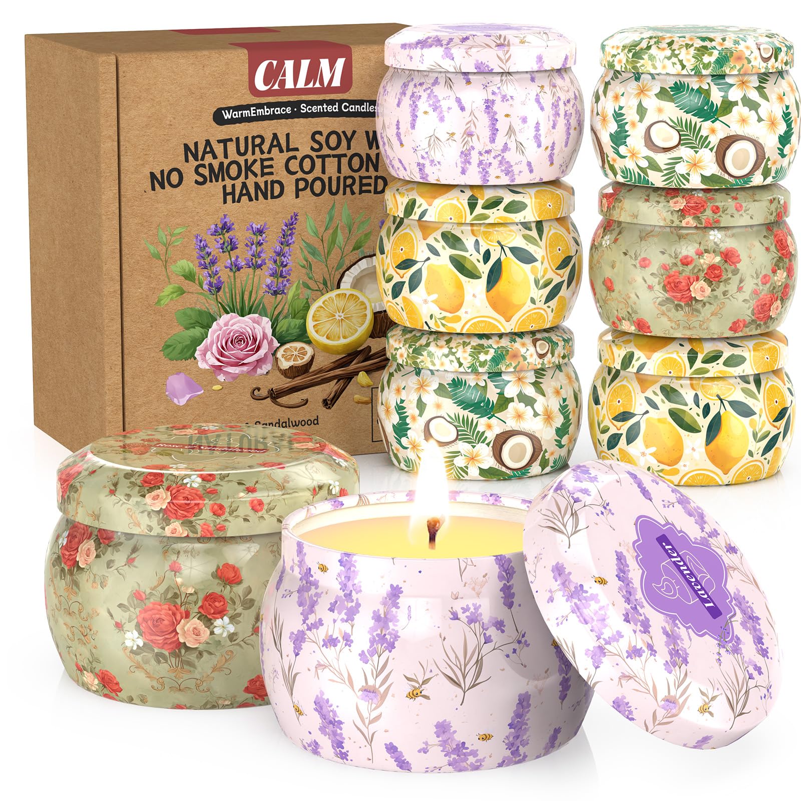 Bougie WarmEmbrace lavande et bois de santal dégageant une ambiance apaisante.