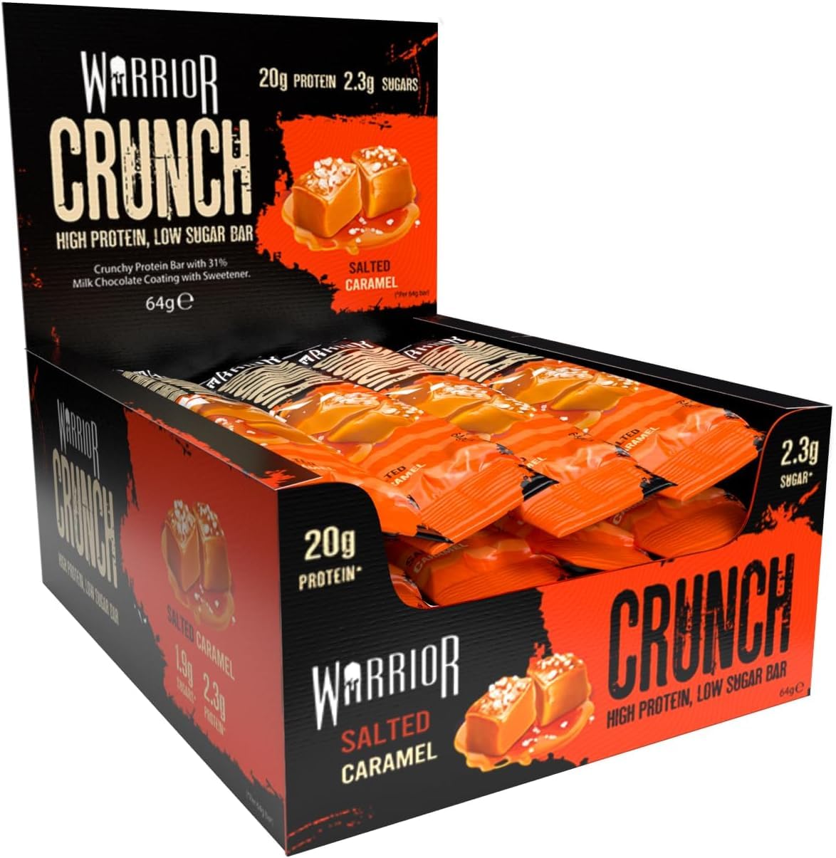 Barre Warrior Crunch protéinée chocolat caramel salé, texture croquante, idéale après l'entraînement.