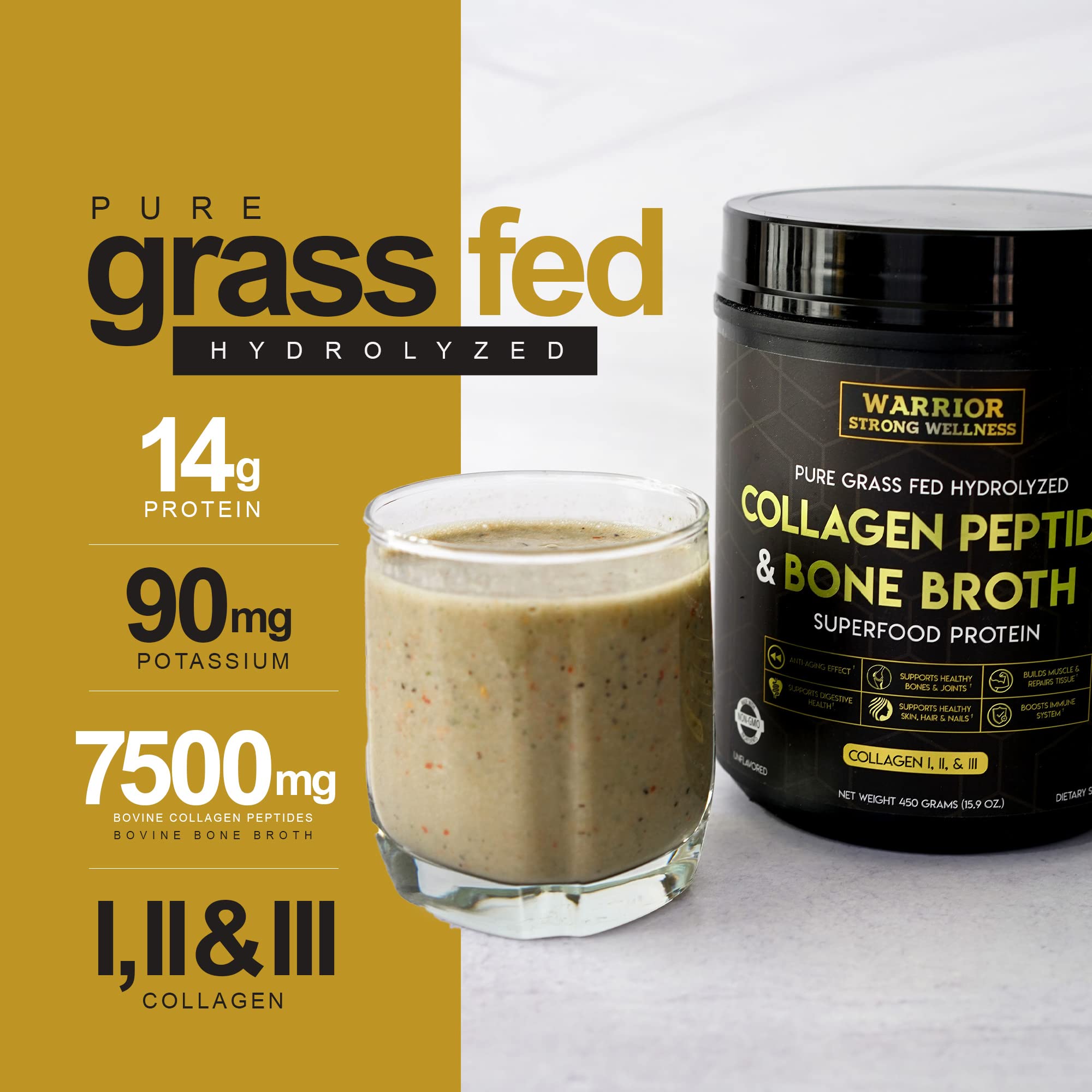 Warrior Strong Wellness Bouillon os et collagene dans mug, cheveux et ongles possibles.